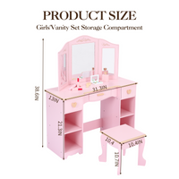 Coiffeuse Garvee pour enfants avec miroir à trois compartiments, rangement et tabouret, MDF, rose, pour filles de 3 à 9 ans, chambre et salle de jeux