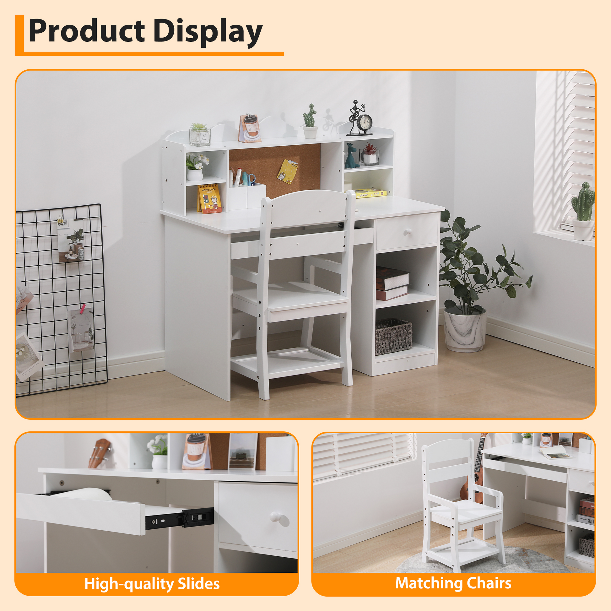 Ensemble bureau en bois Garvee pour enfants avec rangement, tableau d'affichage, support pour clavier et porte-stylo, idéal pour les chambres de garçons et de filles. Dimensions : 92,5 cm (H) x 95 cm (L) x 48 cm (l).