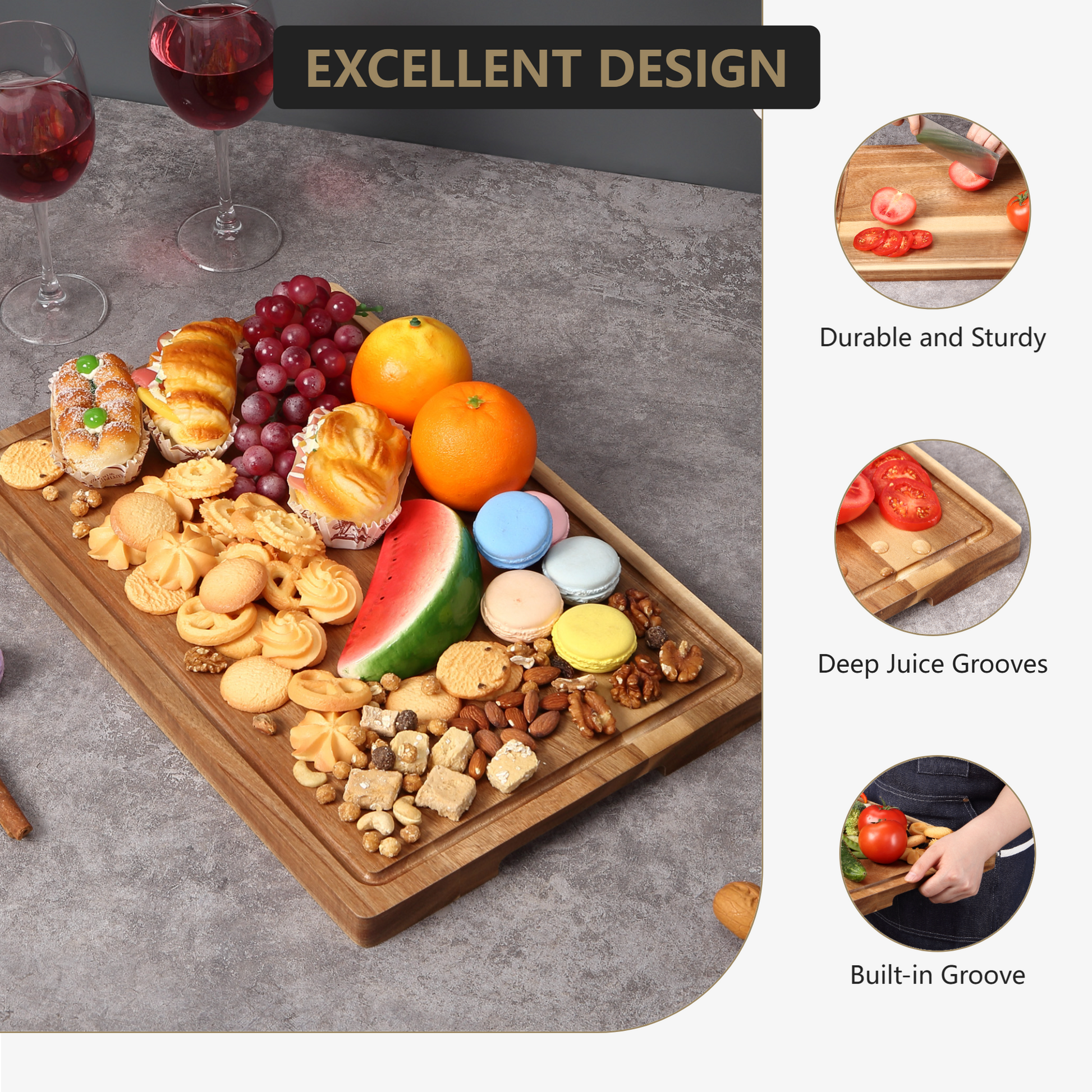 Planche à découper extra-large Garvee en bois d'acacia 45,7 x 30,5 cm avec rainure à jus, poignées, bordure, pré-huilée, robuste et polyvalente pour la cuisine