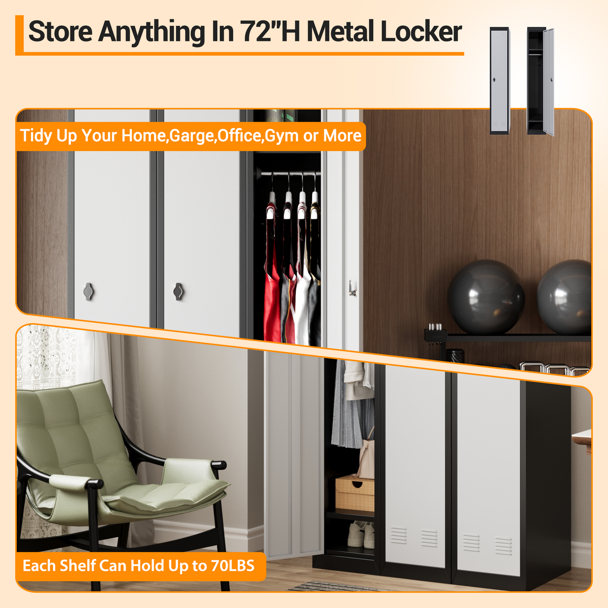 Casier métallique Garvee à une porte, en acier durable, ventilé, verrouillable à clé, noir, 183 cm (72 pouces), idéal pour le bureau et la salle de sport.