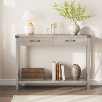 Console Garvee à 2 tiroirs, style campagnard, étagère de rangement, MDF et métal, gris, pour entrée et salon