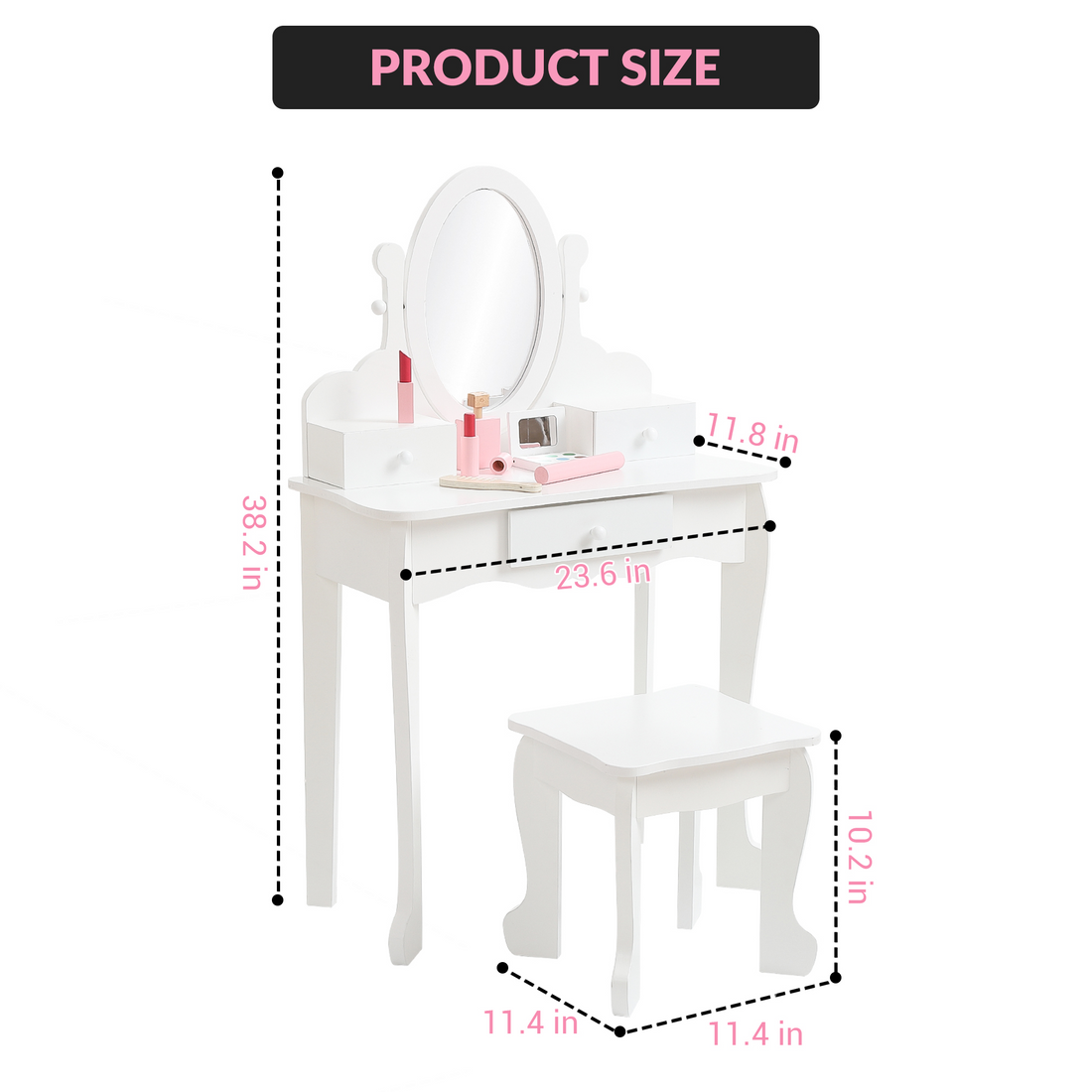 Ensemble coiffeuse Garvee pour enfants avec miroir réglable, coffret de maquillage en bois, blanc, table et tabouret, chambre de fille, 97 x 60 x 30 cm