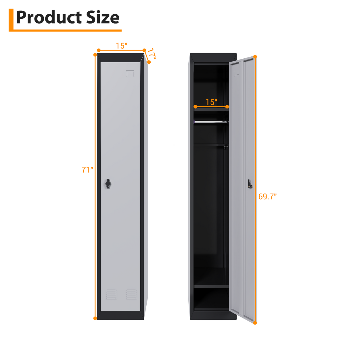 Casier métallique Garvee à une porte, en acier durable, ventilé, verrouillable à clé, noir, 183 cm (72 pouces), idéal pour le bureau et la salle de sport.