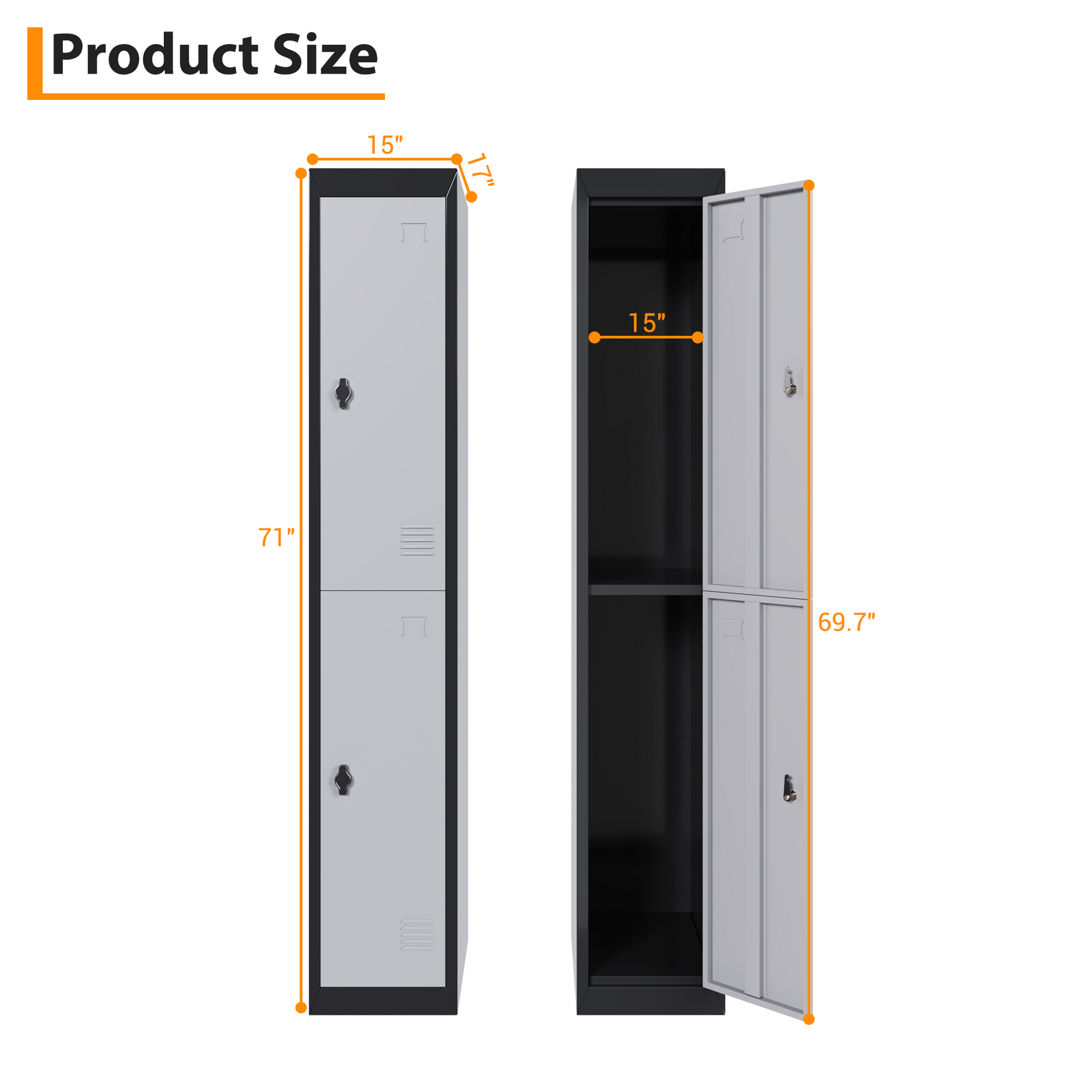 Casier métallique Garvee à 2 portes, noir, acier, ventilé, serrure, clé, bureau et salle de sport, 183 cm (72 pouces)