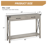 Console Garvee à 2 tiroirs, style campagnard, étagère de rangement, MDF et métal, gris, pour entrée et salon