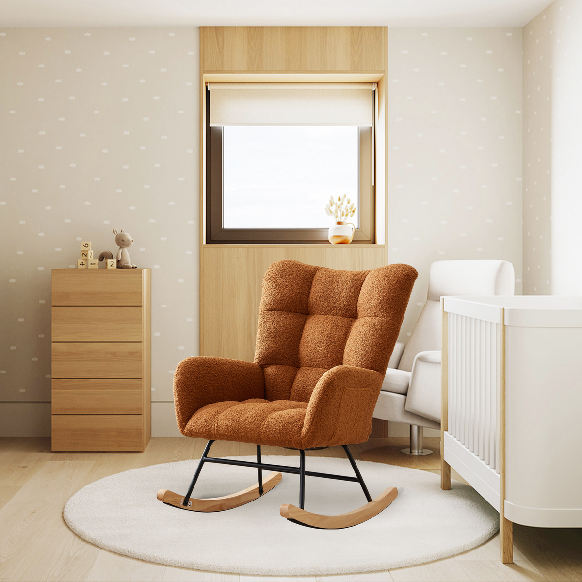 Fauteuil à bascule Garvee pour chambre d'enfant, ergonomique, revêtement doux en peluche, structure en fer, pieds en bois, marron, idéal pour l'allaitement et la détente.