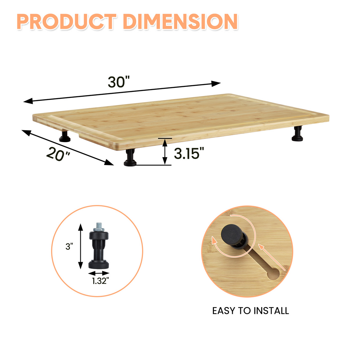 Garvee Planche de Découpe en Bambou Couvre-Plaque, Pieds Réglables et Rainure à Jus, pour Cuisine, Camping-Car et Plan de Travail, 76 × 51 cm