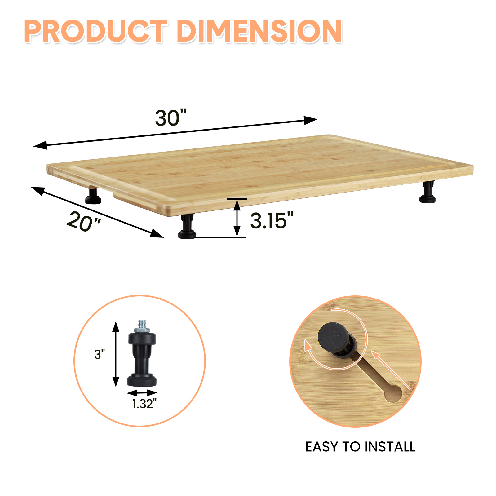 Garvee Planche de Découpe en Bambou Couvre-Plaque, Pieds Réglables et Rainure à Jus, pour Cuisine, Camping-Car et Plan de Travail, 76 × 51 cm