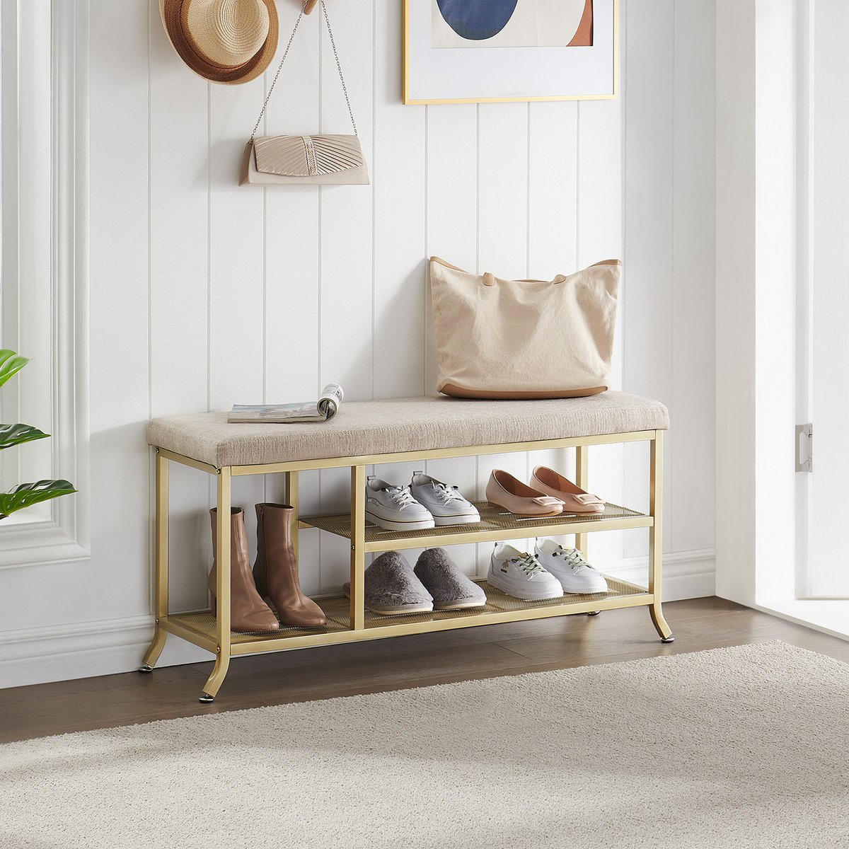 Étagère à chaussures Garvee à 3 niveaux avec banc rembourré, structure en métal, robuste pour entrée et chambre, 100 x 32 x 48 cm, gris