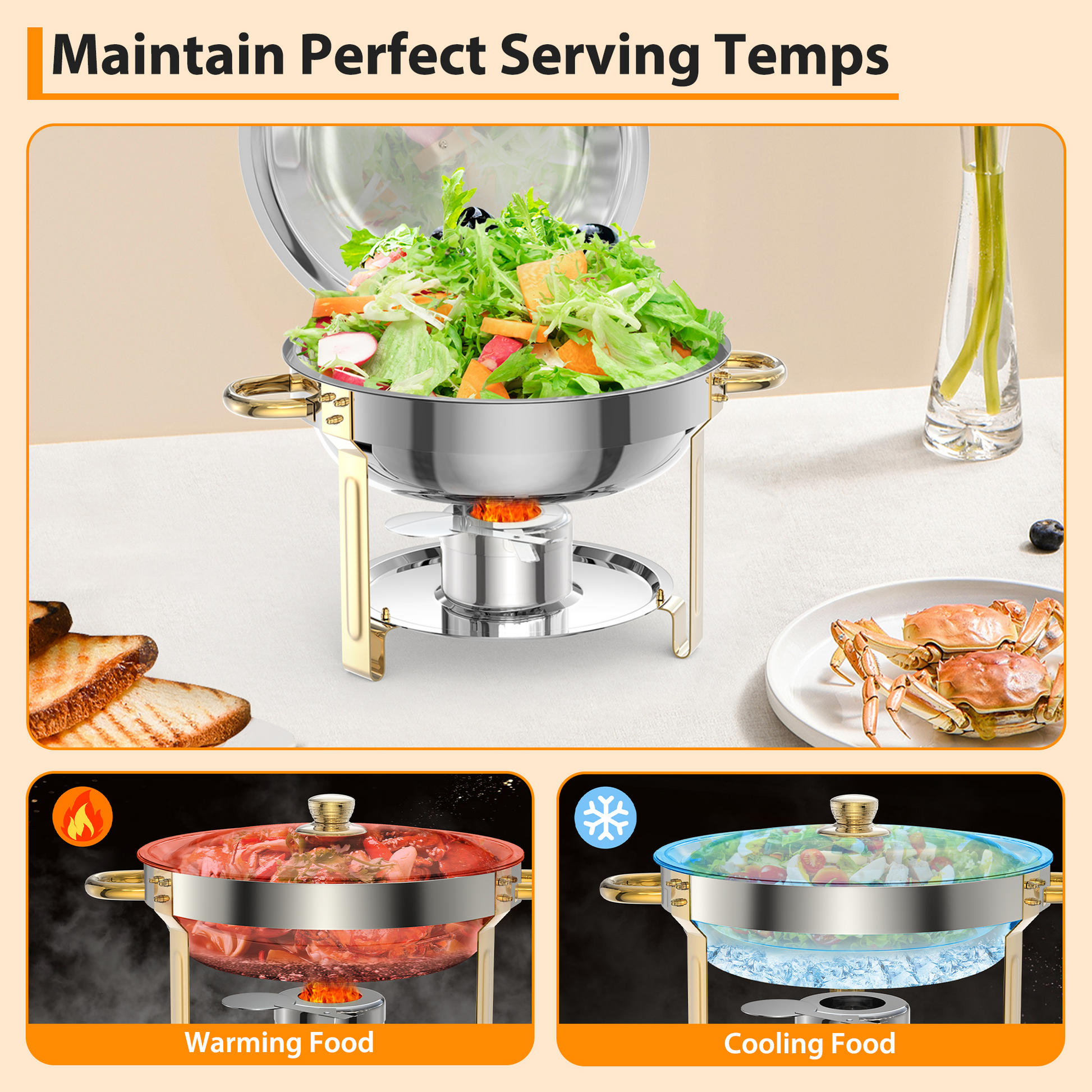 Ensemble de 6 chauffe-plats Garvee 5Qt en acier inoxydable avec couvercle bombé, idéal pour les traiteurs, mariages et fêtes - Grand ensemble professionnel