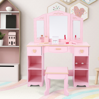 Coiffeuse Garvee pour enfants avec miroir à trois compartiments, rangement et tabouret, MDF, rose, pour filles de 3 à 9 ans, chambre et salle de jeux