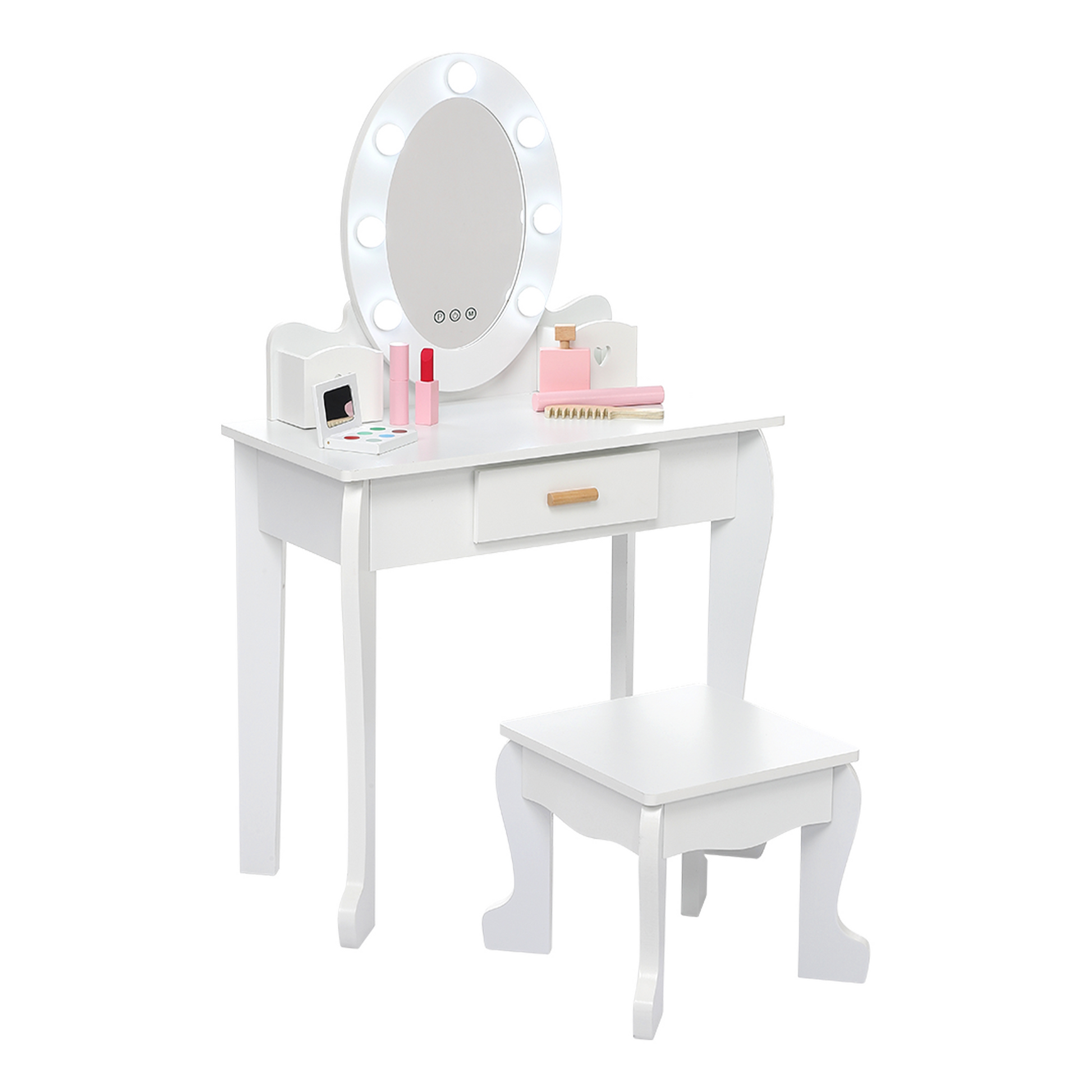 Ensemble coiffeuse Garvee pour enfants avec miroir et lumière, en bois MDF, bords arrondis, tabouret, pour filles de 4 à 9 ans, blanc, pour chambre et salle de jeux