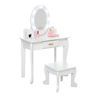Ensemble coiffeuse Garvee pour enfants avec miroir et lumière, en bois MDF, bords arrondis, tabouret, pour filles de 4 à 9 ans, blanc, pour chambre et salle de jeux