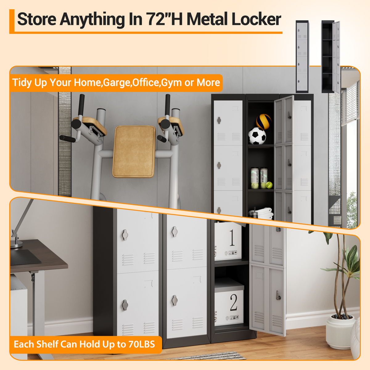 Garvee armoire métallique haute à 4 portes, en acier, verrouillable, avec trous de ventilation, noire, pour bureau et école