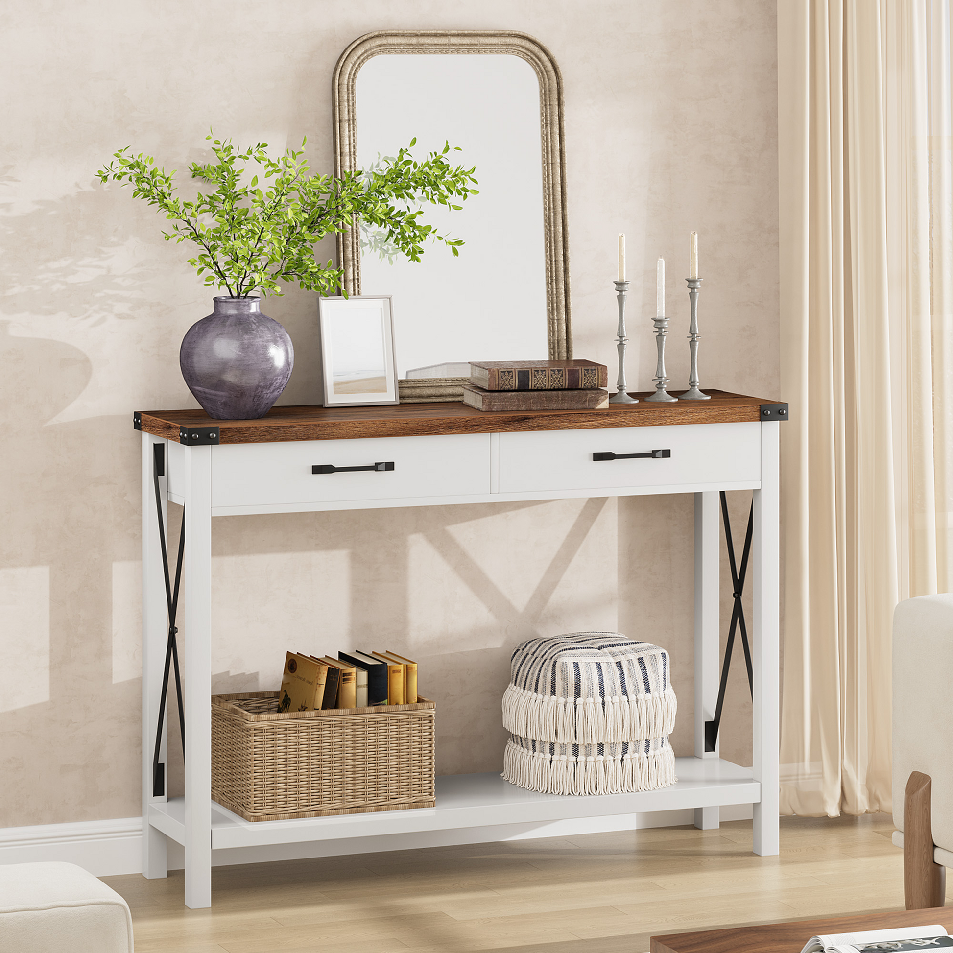 Console Garvee avec 2 tiroirs et une étagère, en bois et métal, robuste, style rustique moderne, noir et blanc, idéale pour une entrée ou un salon, 109 cm (L) x 76 cm (l) x 30 cm (H)
