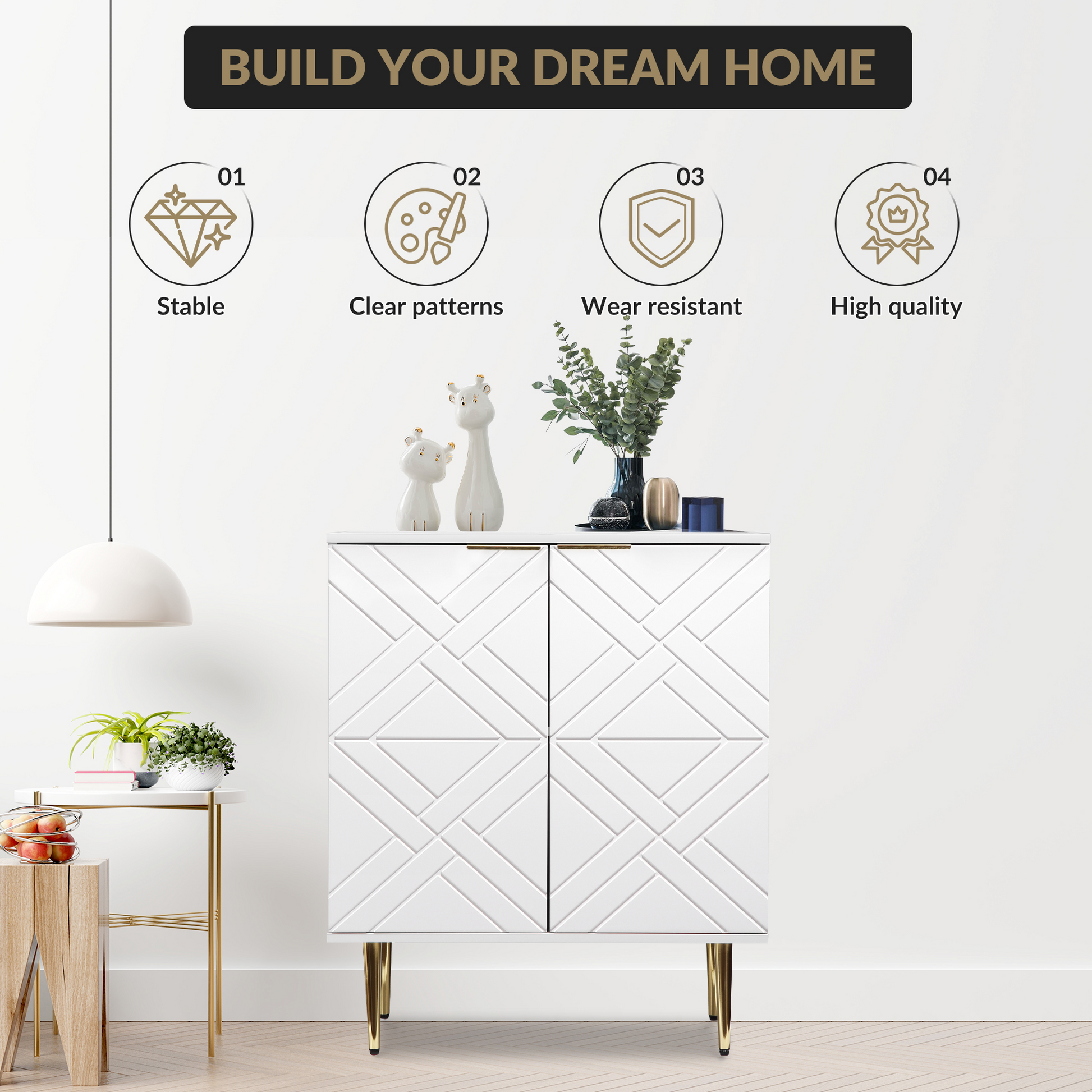 Buffet Garvee à 2 portes, meuble de cuisine moderne, en MDF robuste, blanc, pour salle à manger et entrée, 74 cm (29 pouces).