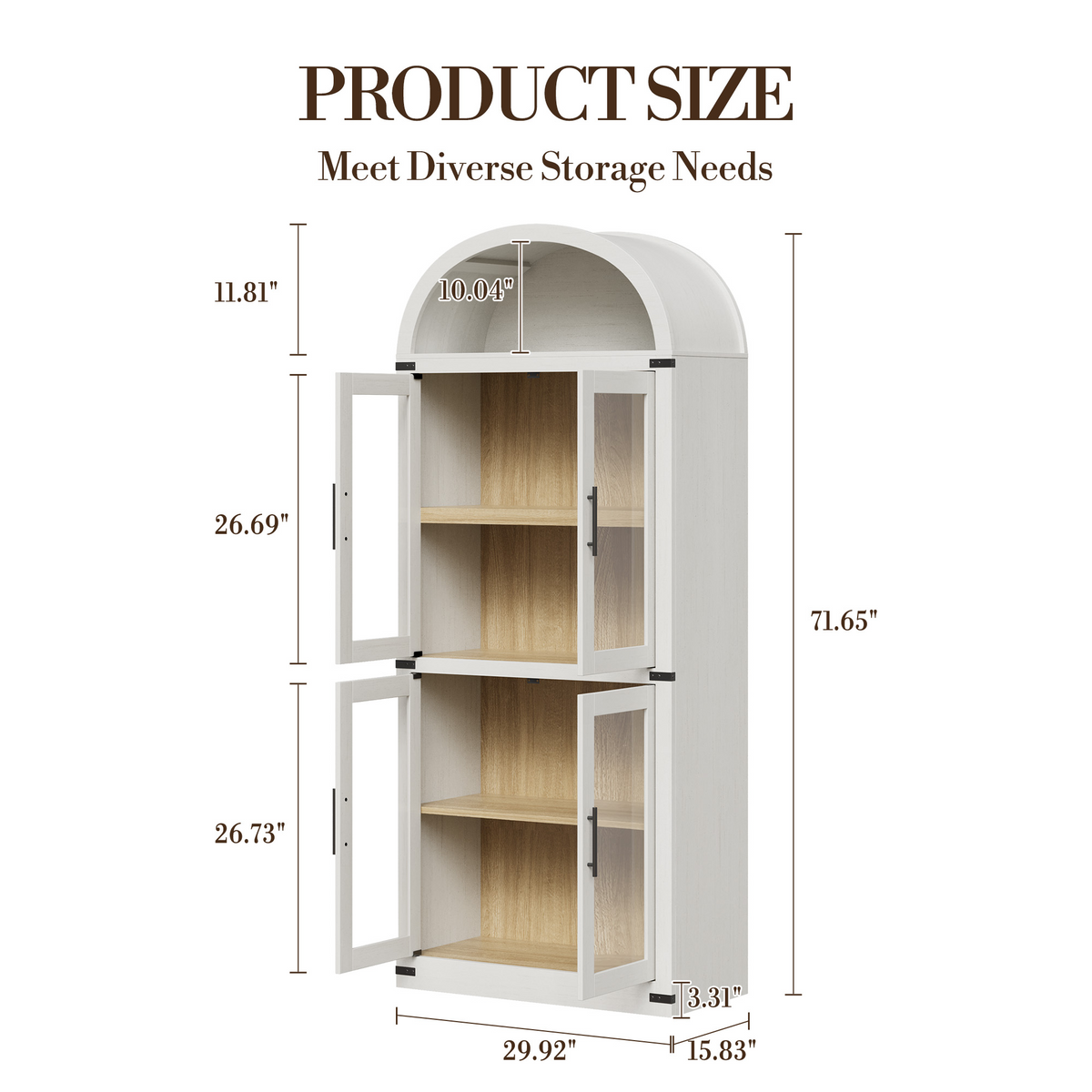 Armoire de cuisine arquée Garvey, 182 cm de haut, style campagnard, en bois, grand espace de rangement, blanche.