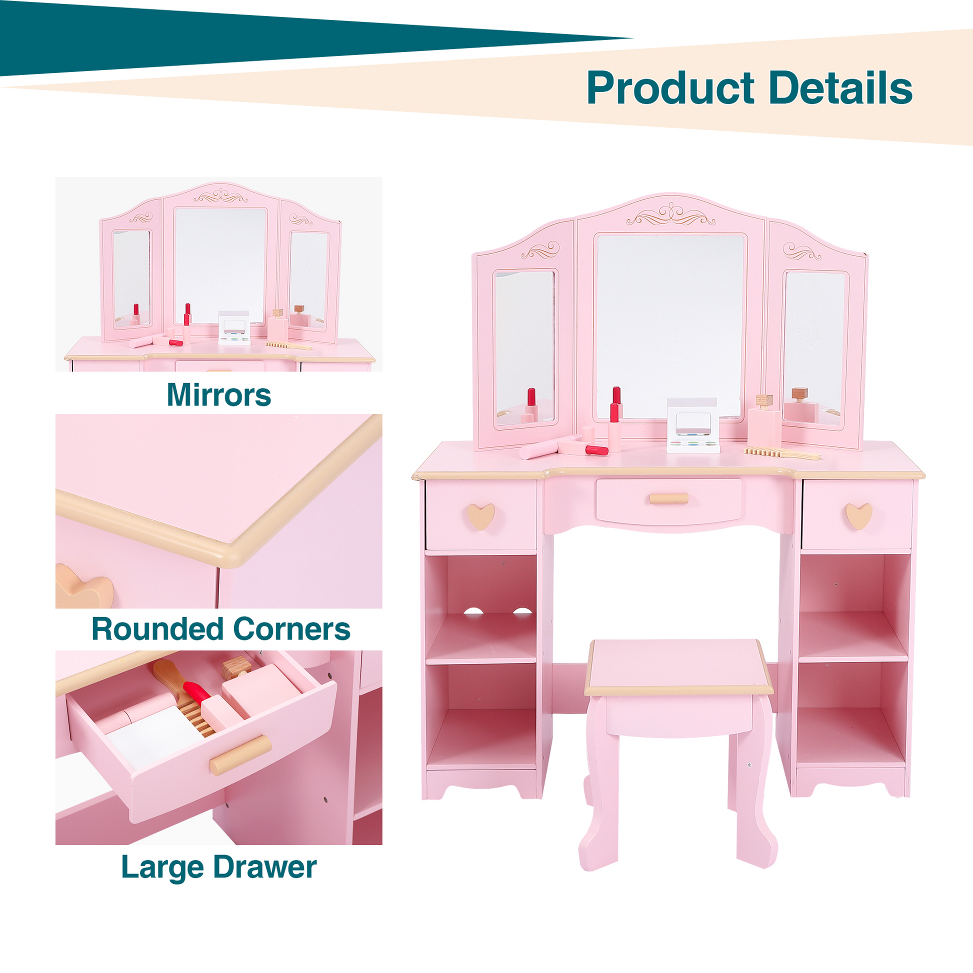 Coiffeuse Garvee pour enfants avec miroir à trois compartiments, rangement et tabouret, MDF, rose, pour filles de 3 à 9 ans, chambre et salle de jeux