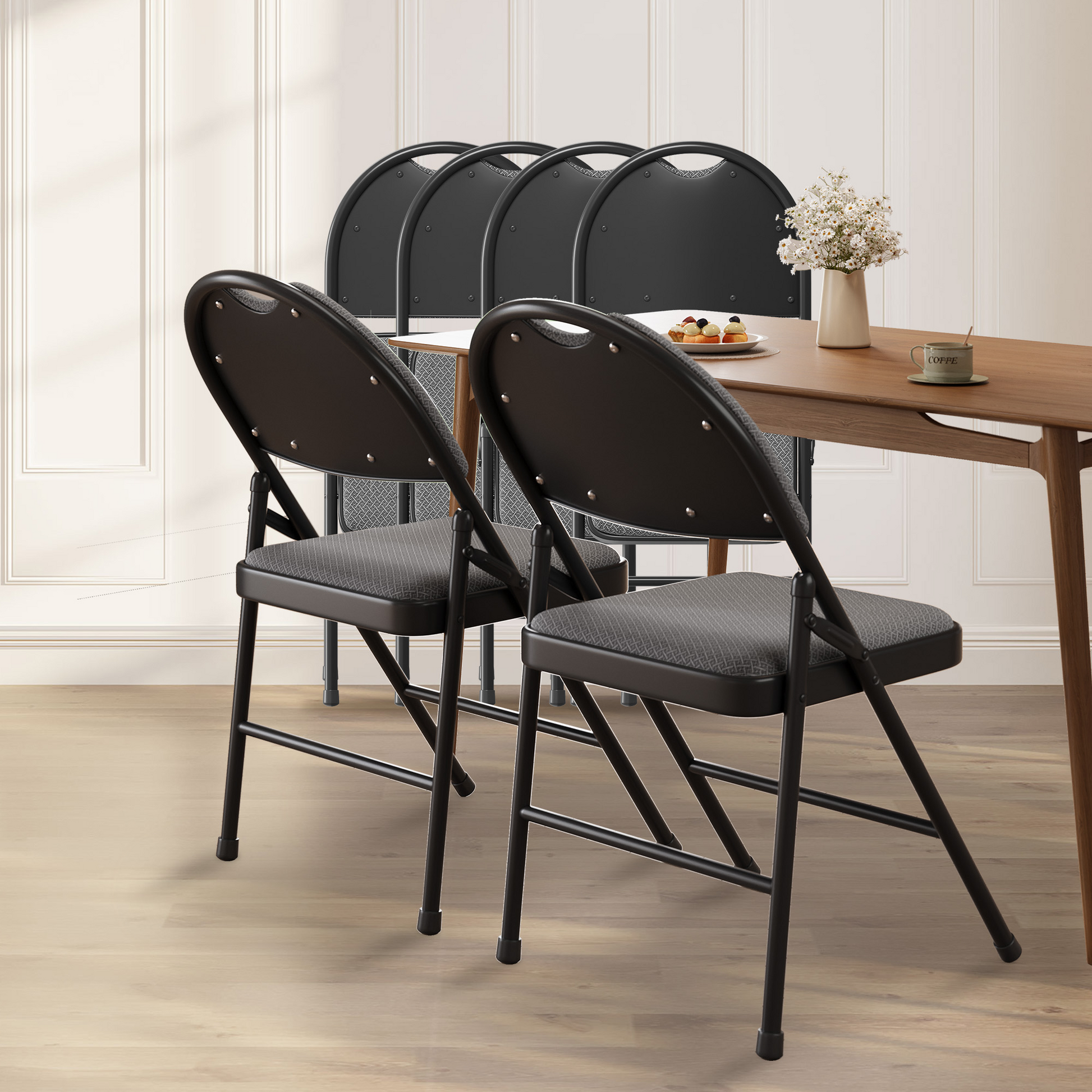 Ensemble de 6 chaises pliantes Garvee avec coussins en coton et lin, pieds antidérapants, structure en métal, pour une utilisation intérieure et extérieure, robustes, pliables et confortables