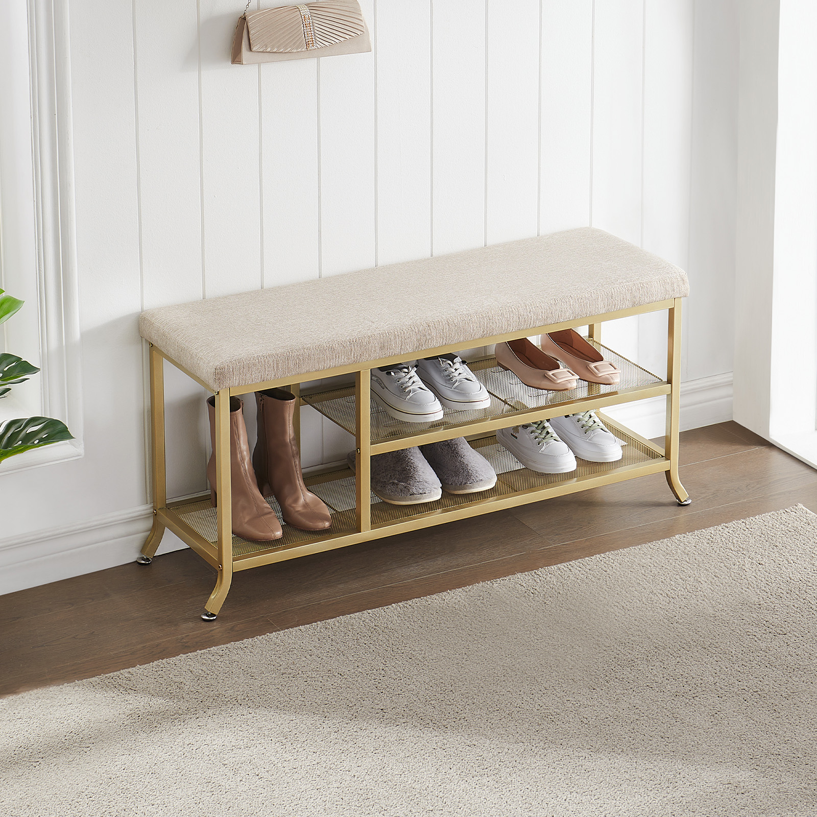 Étagère à chaussures Garvee à 3 niveaux avec banc rembourré, structure en métal, robuste pour entrée et chambre, 100 x 32 x 48 cm, gris
