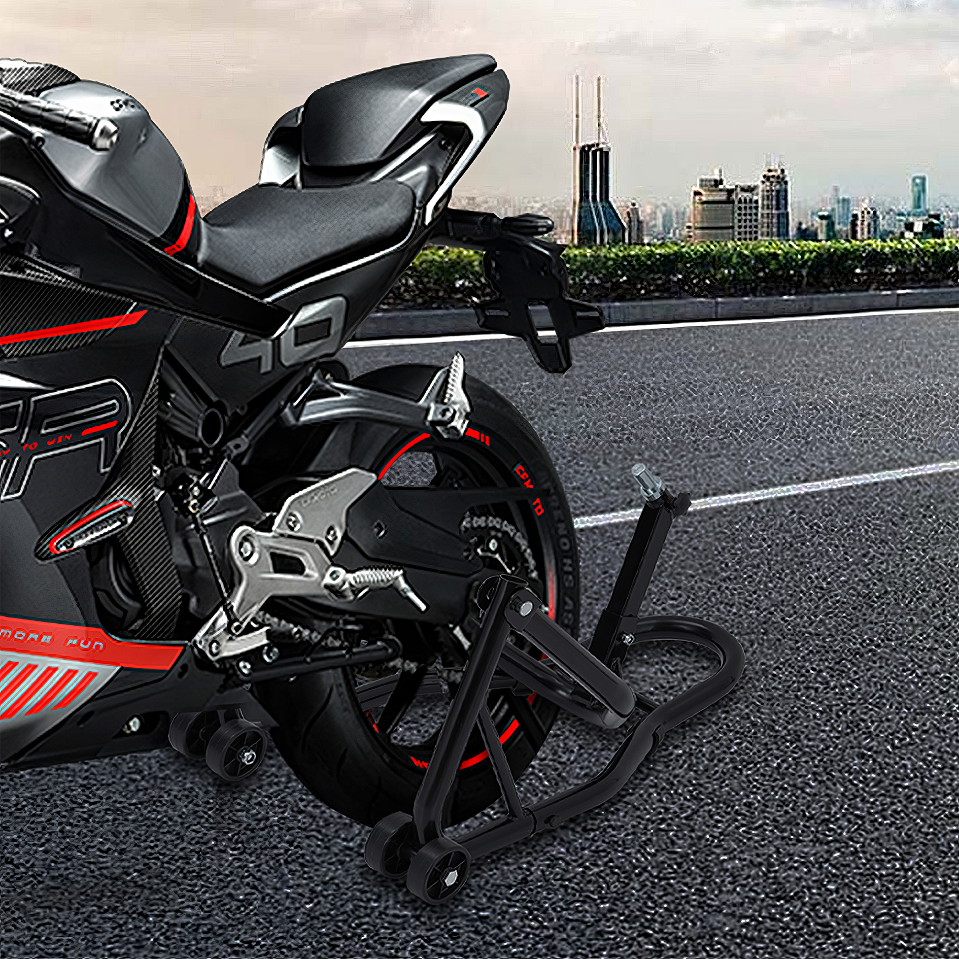 Béquille de roue arrière de moto Garvee avec fourche en U et bras oscillant en L, capacité de charge de 385 kg, acier, noir, pour atelier et réparation