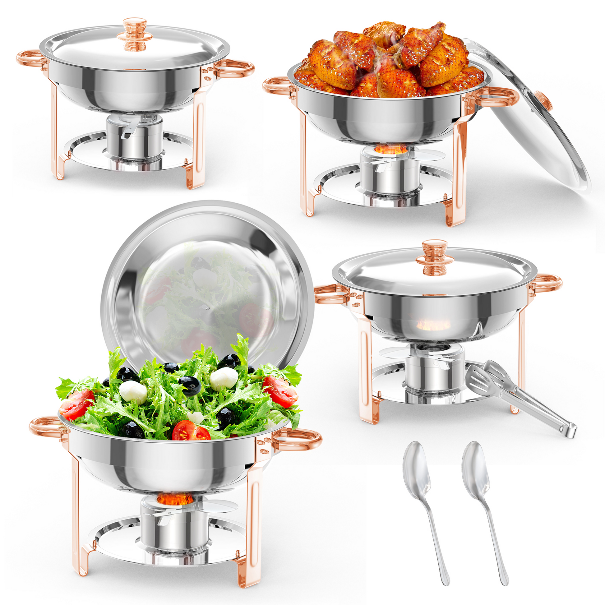 Ensemble de 4 pièces Garvee : réchauds ronds de 5 pintes en acier inoxydable doré rose, design rond idéal pour les traiteurs et les mariages.