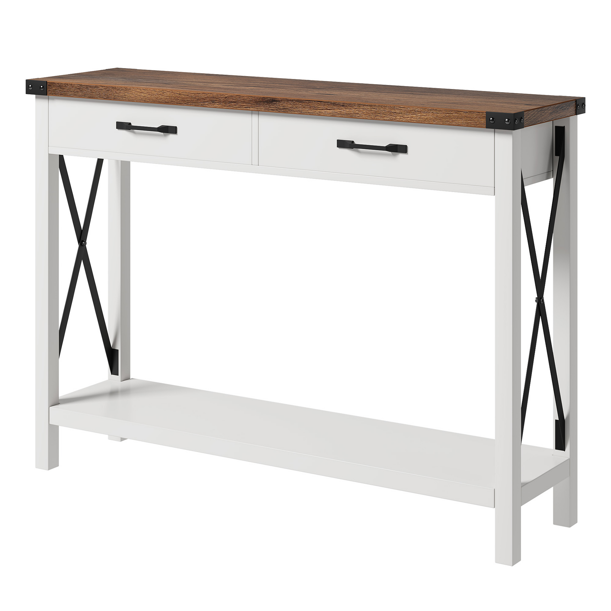 Console Garvee avec 2 tiroirs et une étagère, en bois et métal, robuste, style rustique moderne, noir et blanc, idéale pour une entrée ou un salon, 109 cm (L) x 76 cm (l) x 30 cm (H)