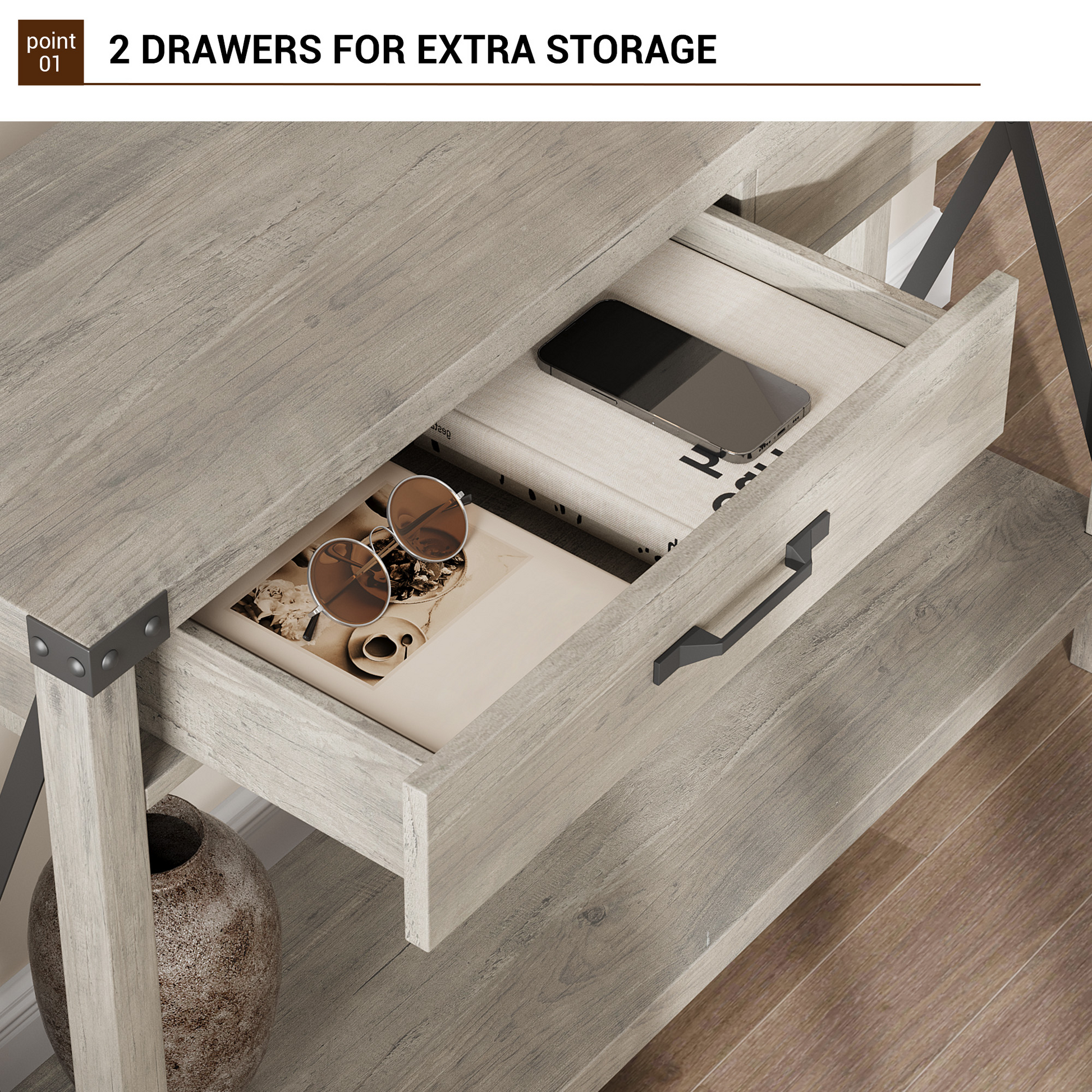 Console Garvee à 2 tiroirs, style campagnard, étagère de rangement, MDF et métal, gris, pour entrée et salon
