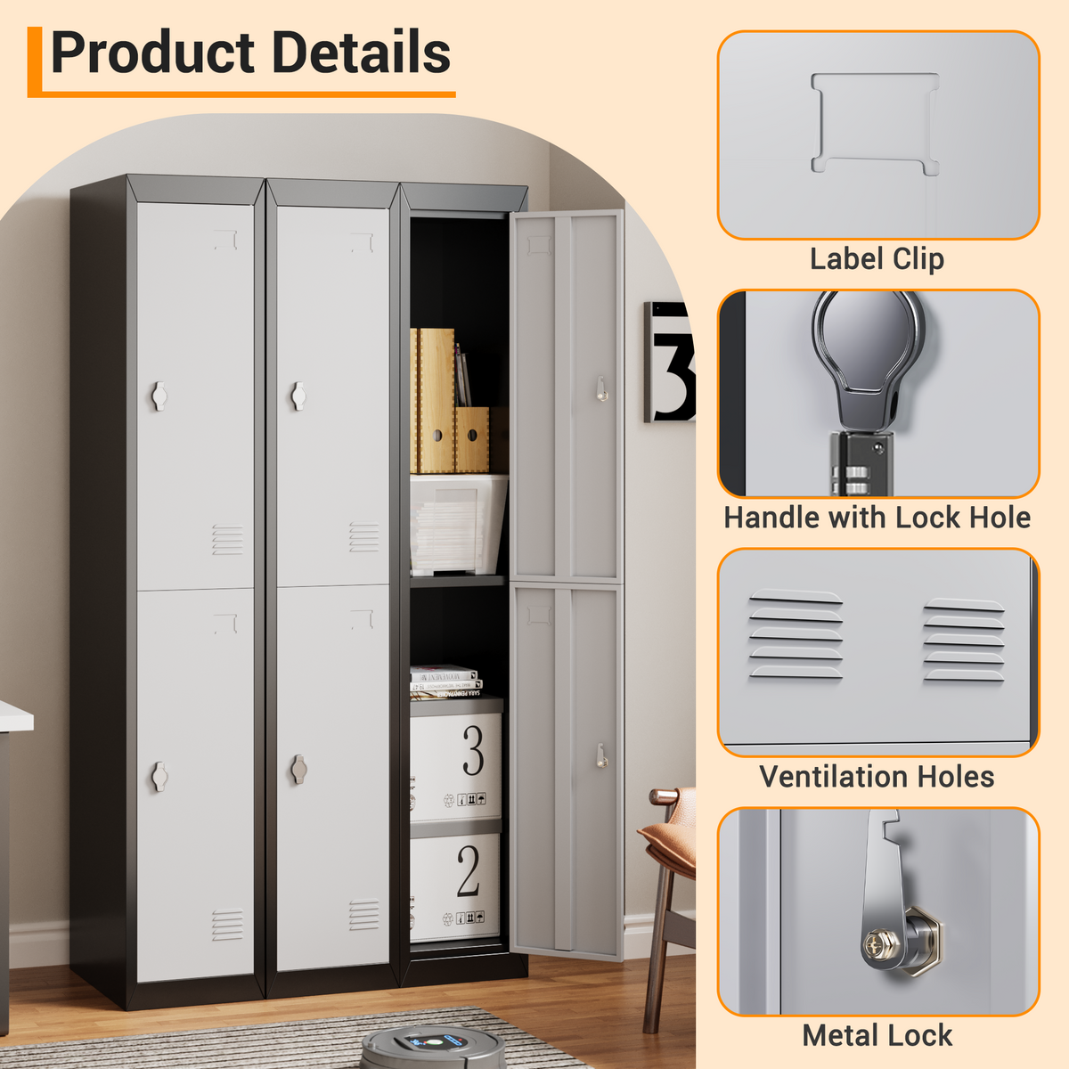 Casier métallique Garvee à 2 portes, noir, acier, ventilé, serrure, clé, bureau et salle de sport, 183 cm (72 pouces)