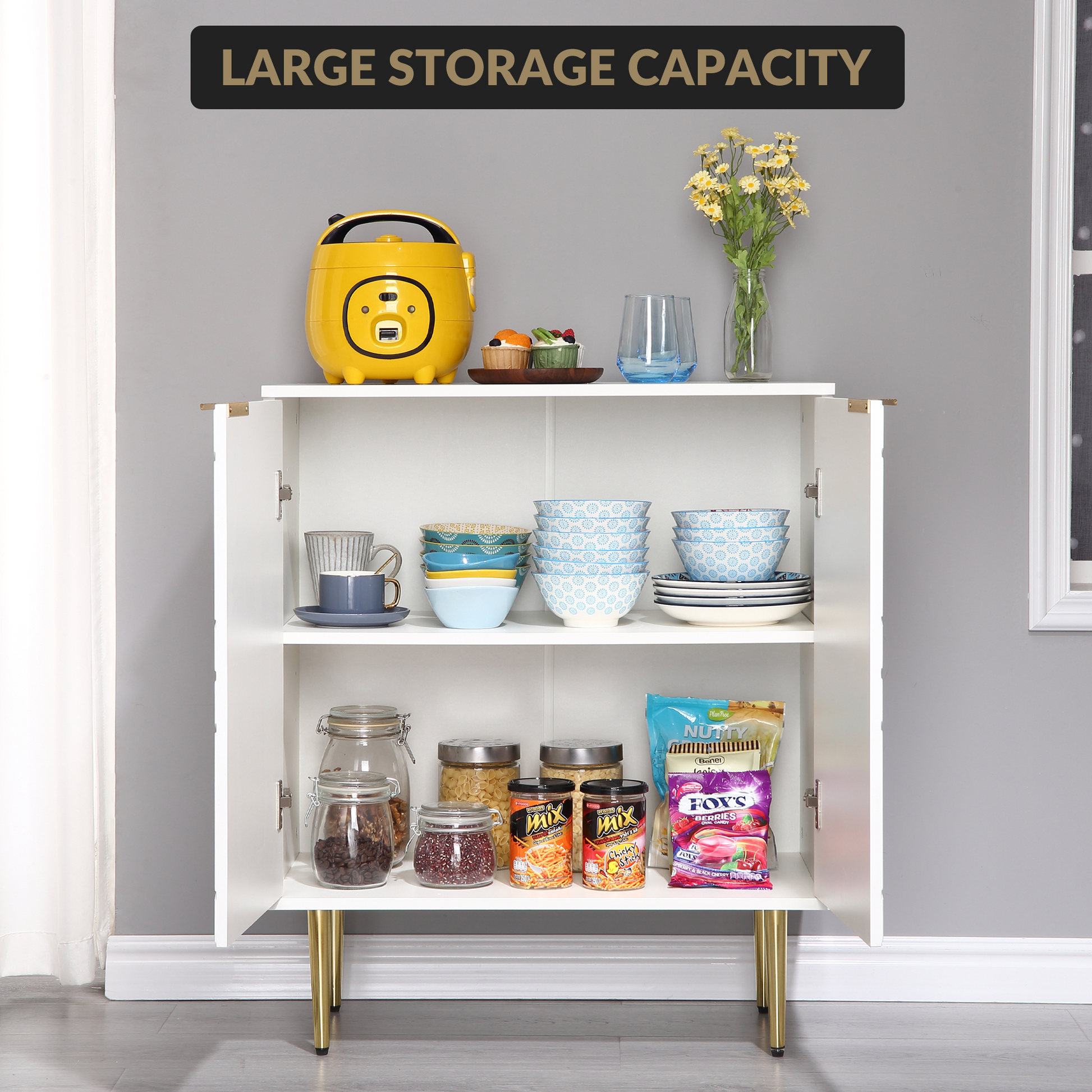 Buffet Garvee à 2 portes, meuble de cuisine moderne, en MDF robuste, blanc, pour salle à manger et entrée, 74 cm (29 pouces).