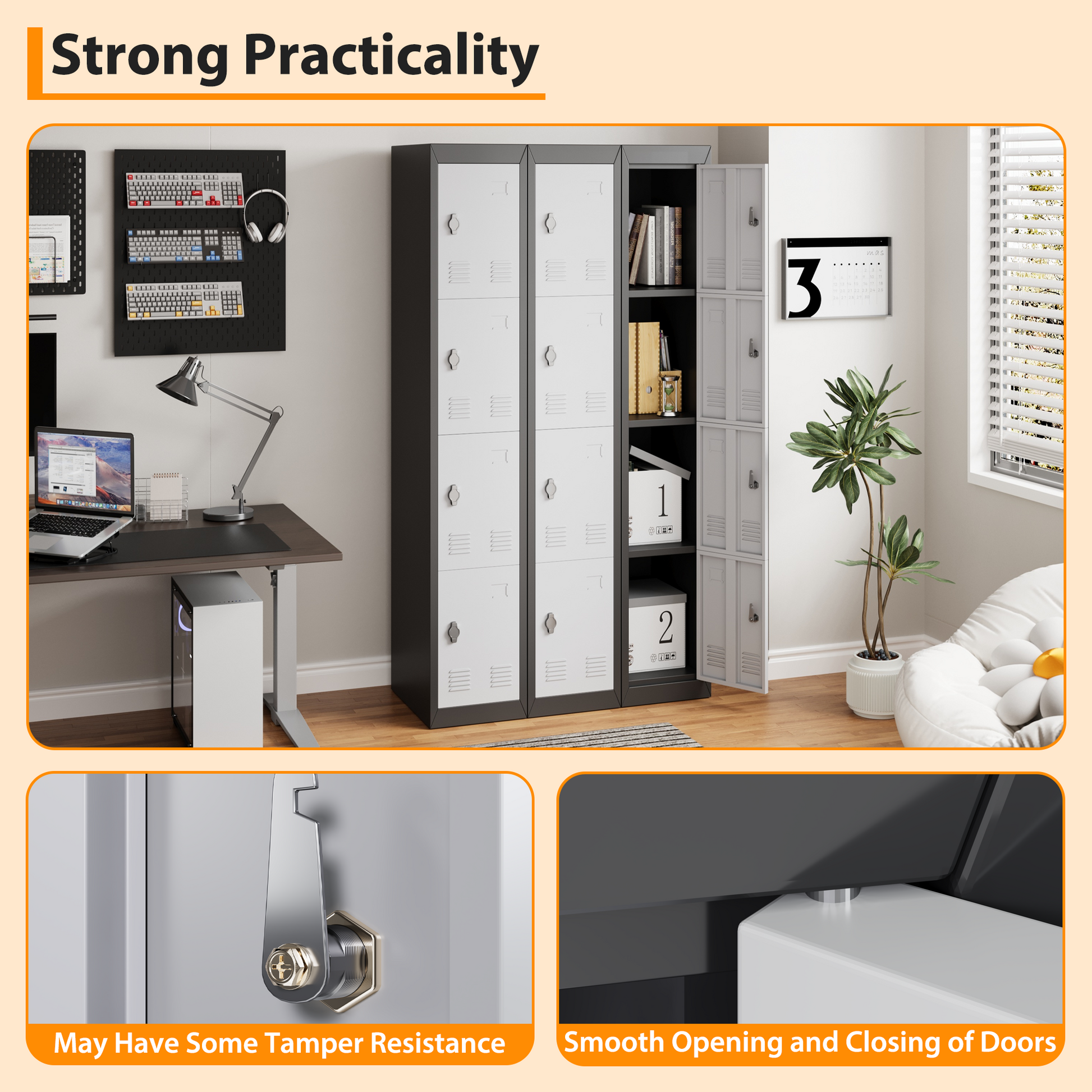 Garvee armoire métallique haute à 4 portes, en acier, verrouillable, avec trous de ventilation, noire, pour bureau et école