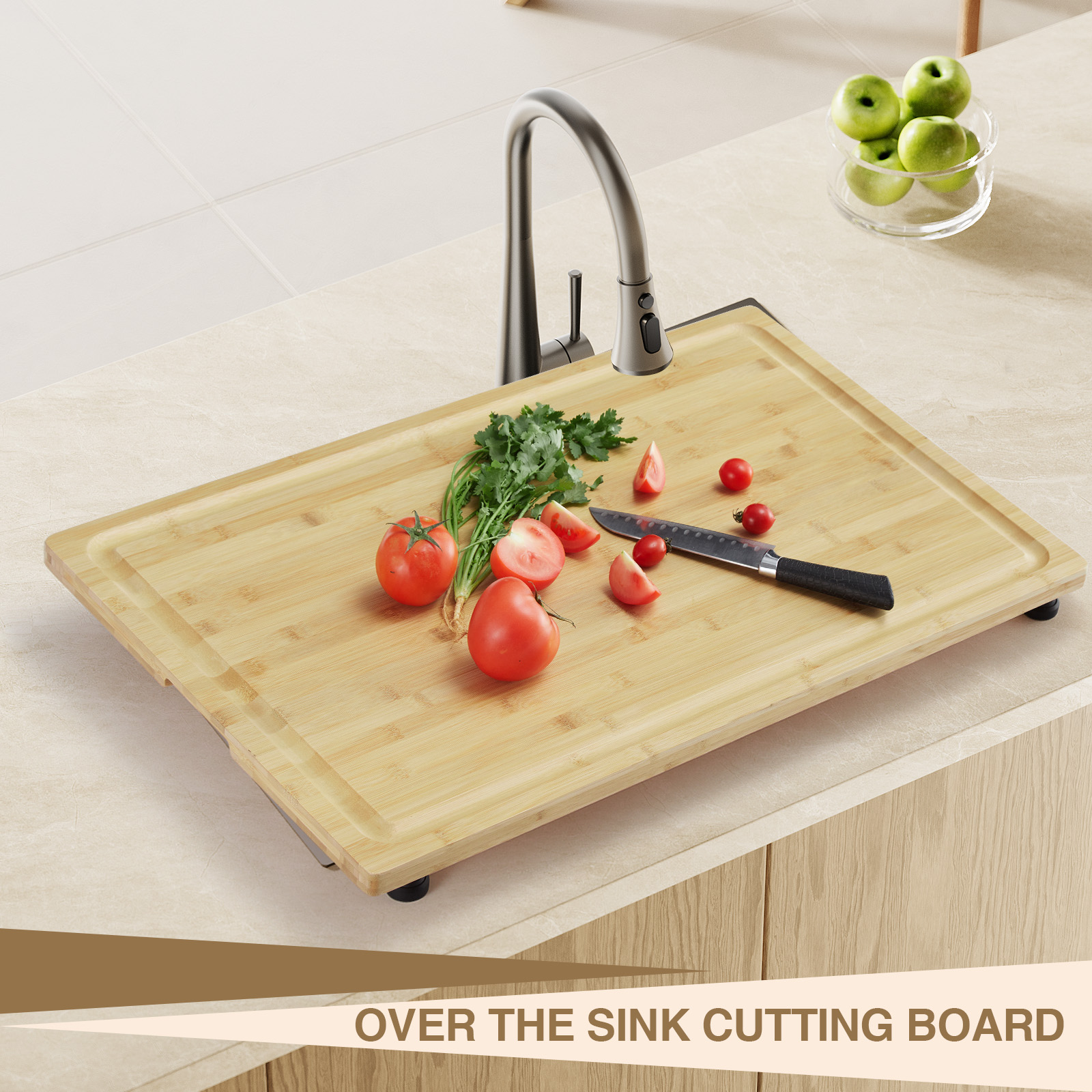 Garvee Planche de Découpe en Bambou Couvre-Plaque, Pieds Réglables et Rainure à Jus, pour Cuisine, Camping-Car et Plan de Travail, 76 × 51 cm
