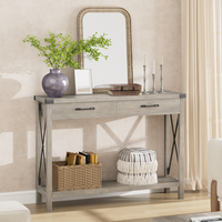 Console Garvee à 2 tiroirs, style campagnard, étagère de rangement, MDF et métal, gris, pour entrée et salon