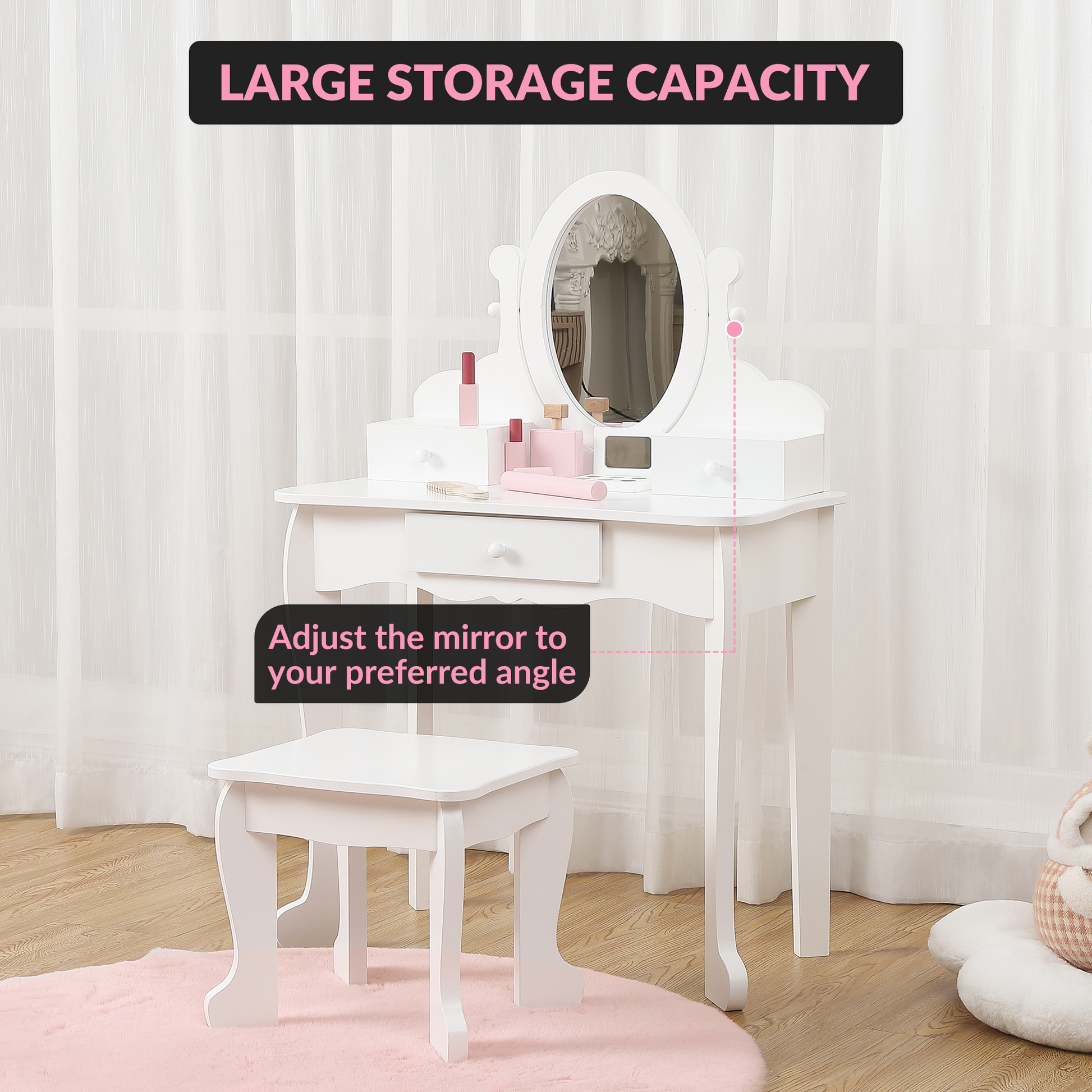 Ensemble coiffeuse Garvee pour enfants avec miroir réglable, coffret de maquillage en bois, blanc, table et tabouret, chambre de fille, 97 x 60 x 30 cm