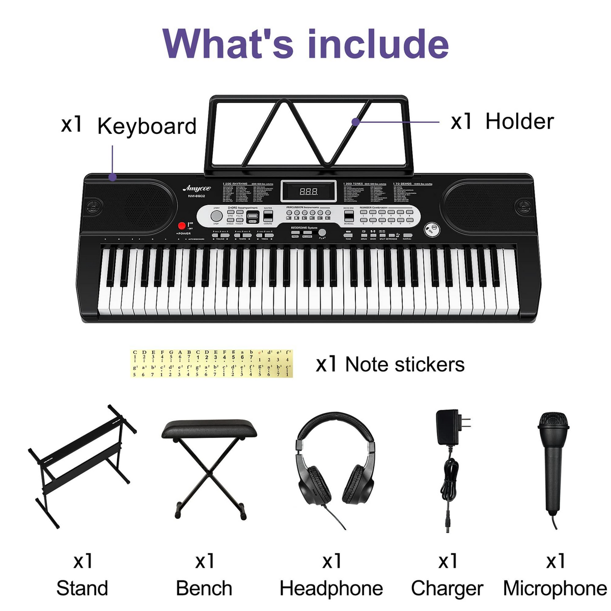 Garvee Piano clavier pour enfants, 61 touches, avec sac, microphone et casque, idéal pour les débutants, portable et utilisable à la maison, noir.