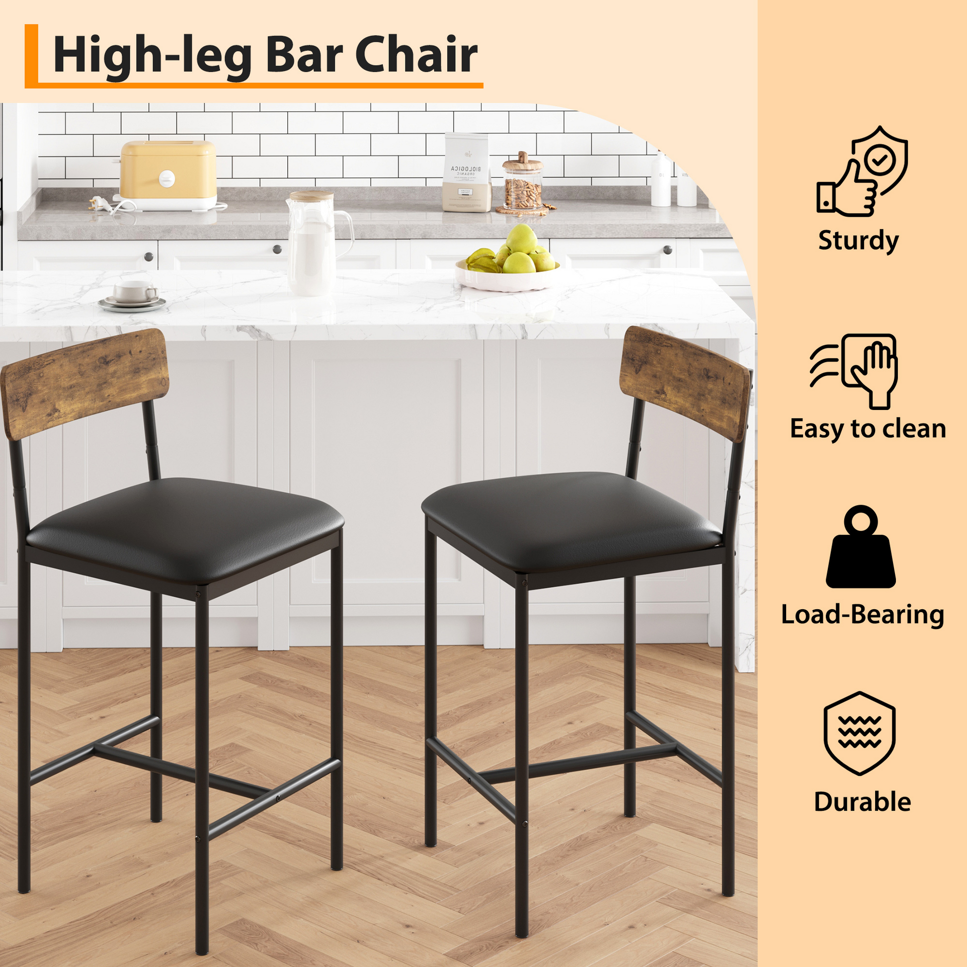 Garvee Ensemble de 2 tabourets avec repose-pieds, hauteur 95 cm. Pour cuisine et salon. Vintage, compact et durable.