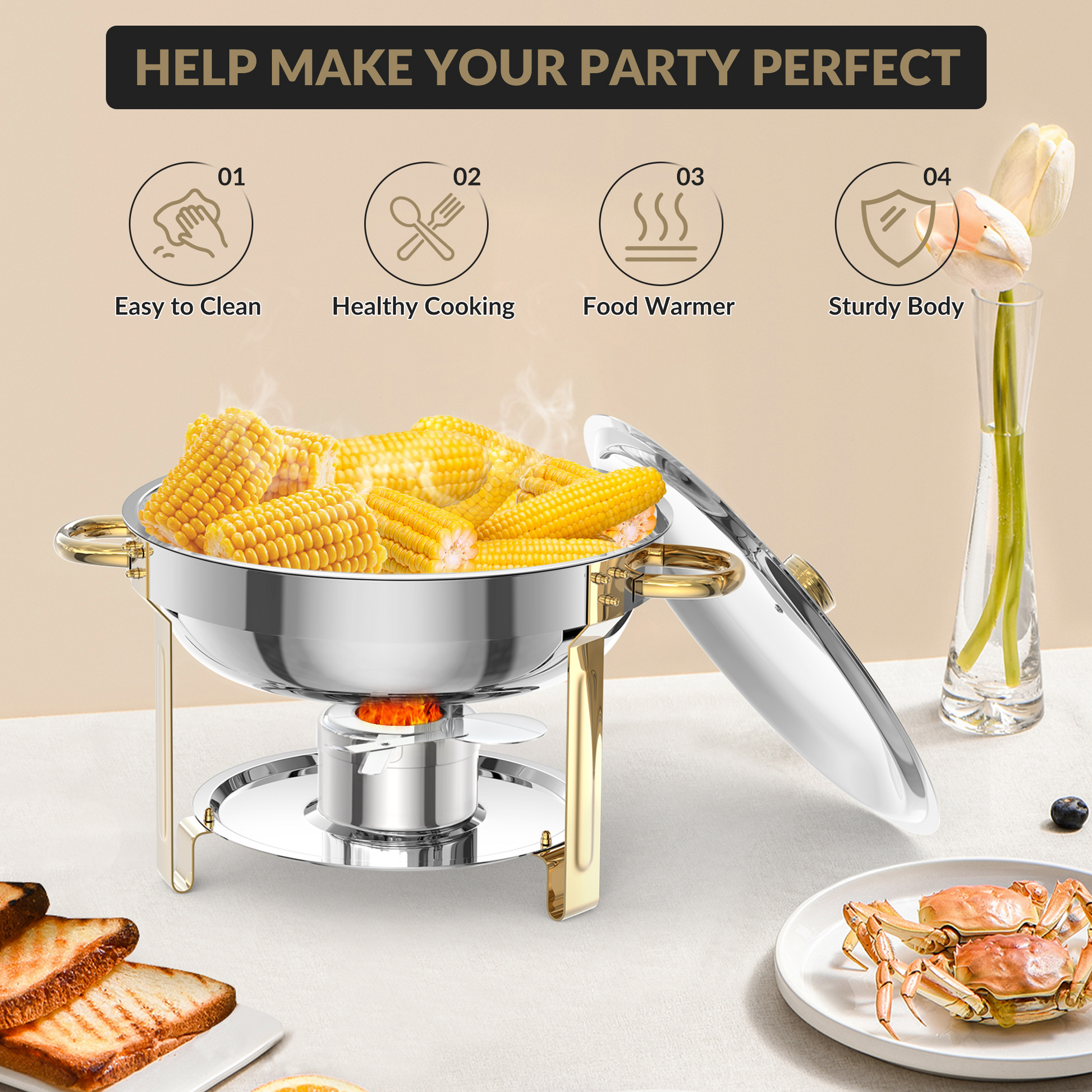Ensemble de 6 chauffe-plats Garvee 5Qt en acier inoxydable avec couvercle bombé, idéal pour les traiteurs, mariages et fêtes - Grand ensemble professionnel