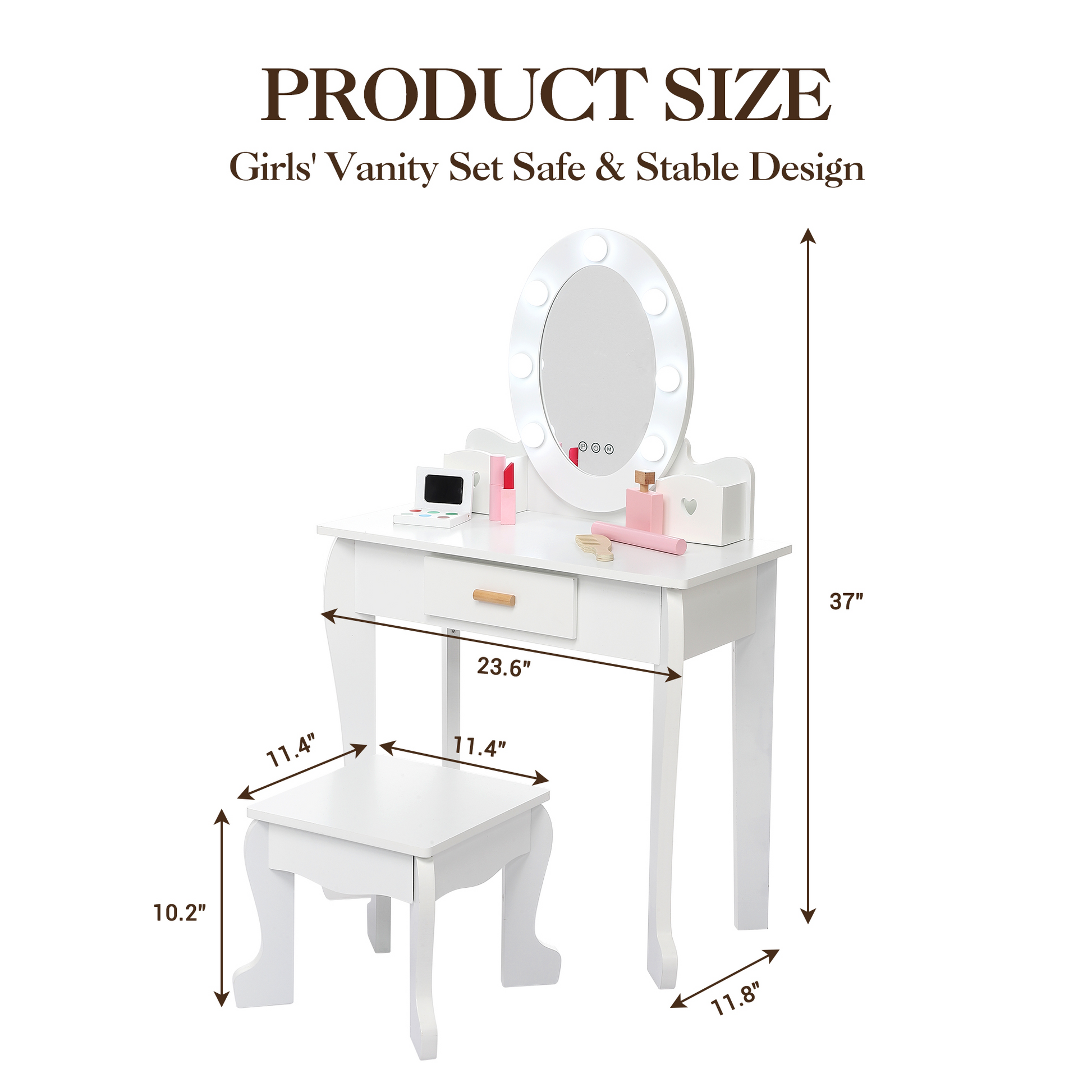 Ensemble coiffeuse Garvee pour enfants avec miroir et lumière, en bois MDF, bords arrondis, tabouret, pour filles de 4 à 9 ans, blanc, pour chambre et salle de jeux
