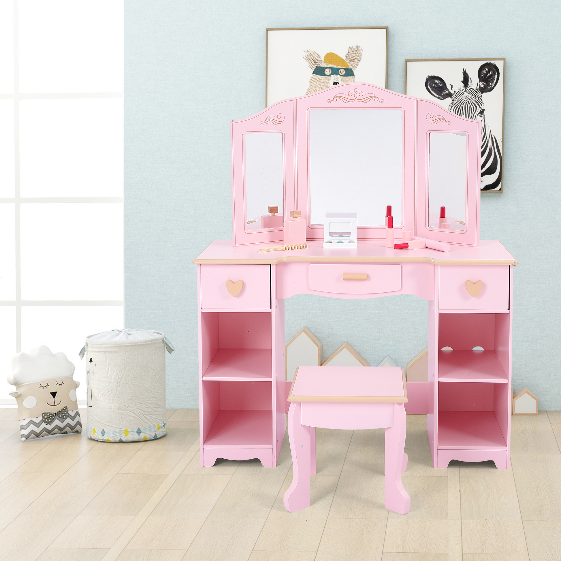 Coiffeuse Garvee pour enfants avec miroir à trois compartiments, rangement et tabouret, MDF, rose, pour filles de 3 à 9 ans, chambre et salle de jeux