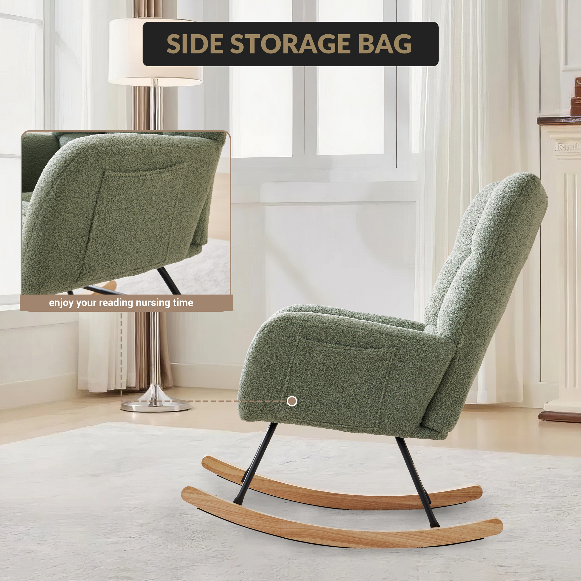 Fauteuil à bascule Garvee pour chambre d'enfant, avec housse en polaire douce, pour salon et chambre, 9 x 65 x 91 cm, beige