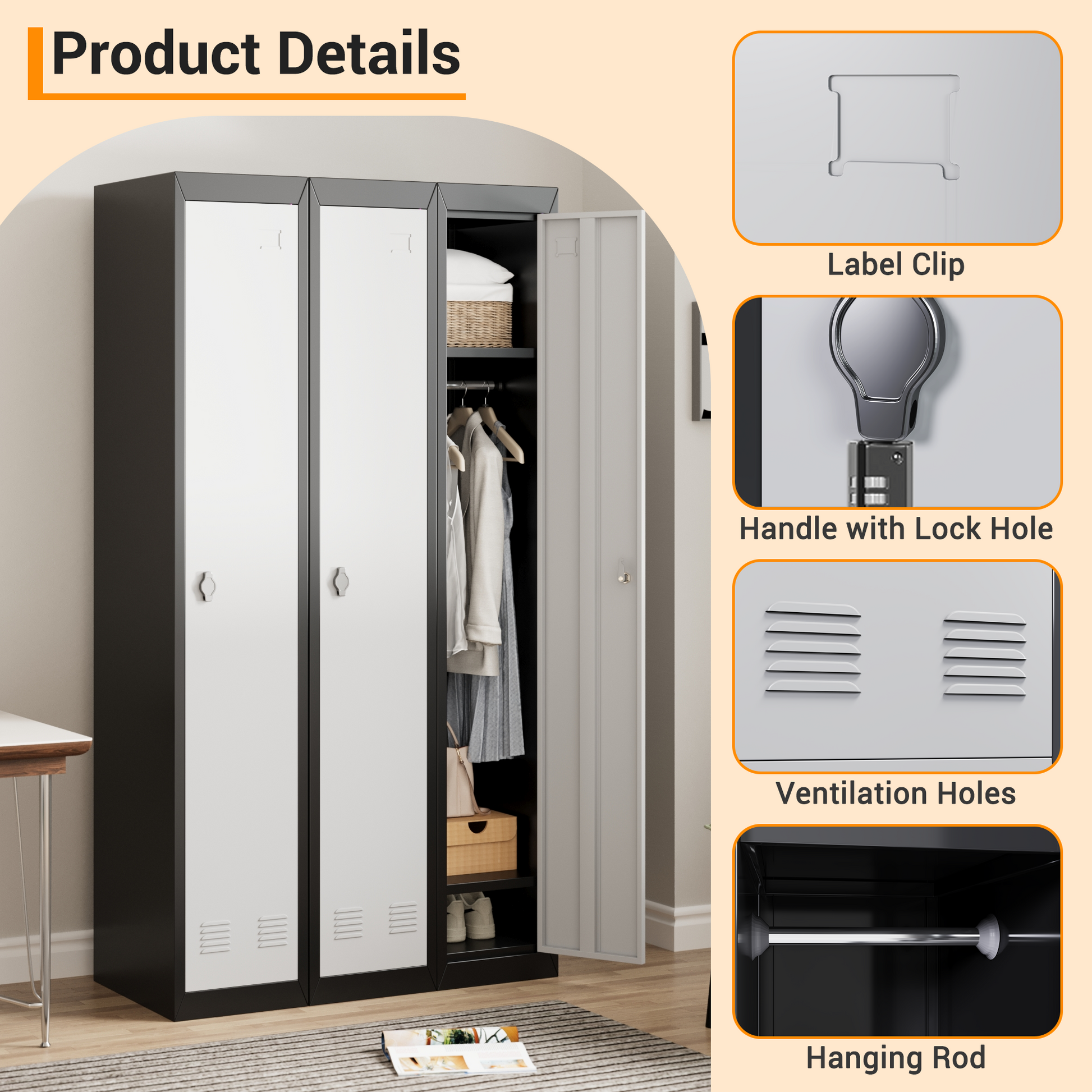Casier métallique Garvee à une porte, en acier durable, ventilé, verrouillable à clé, noir, 183 cm (72 pouces), idéal pour le bureau et la salle de sport.