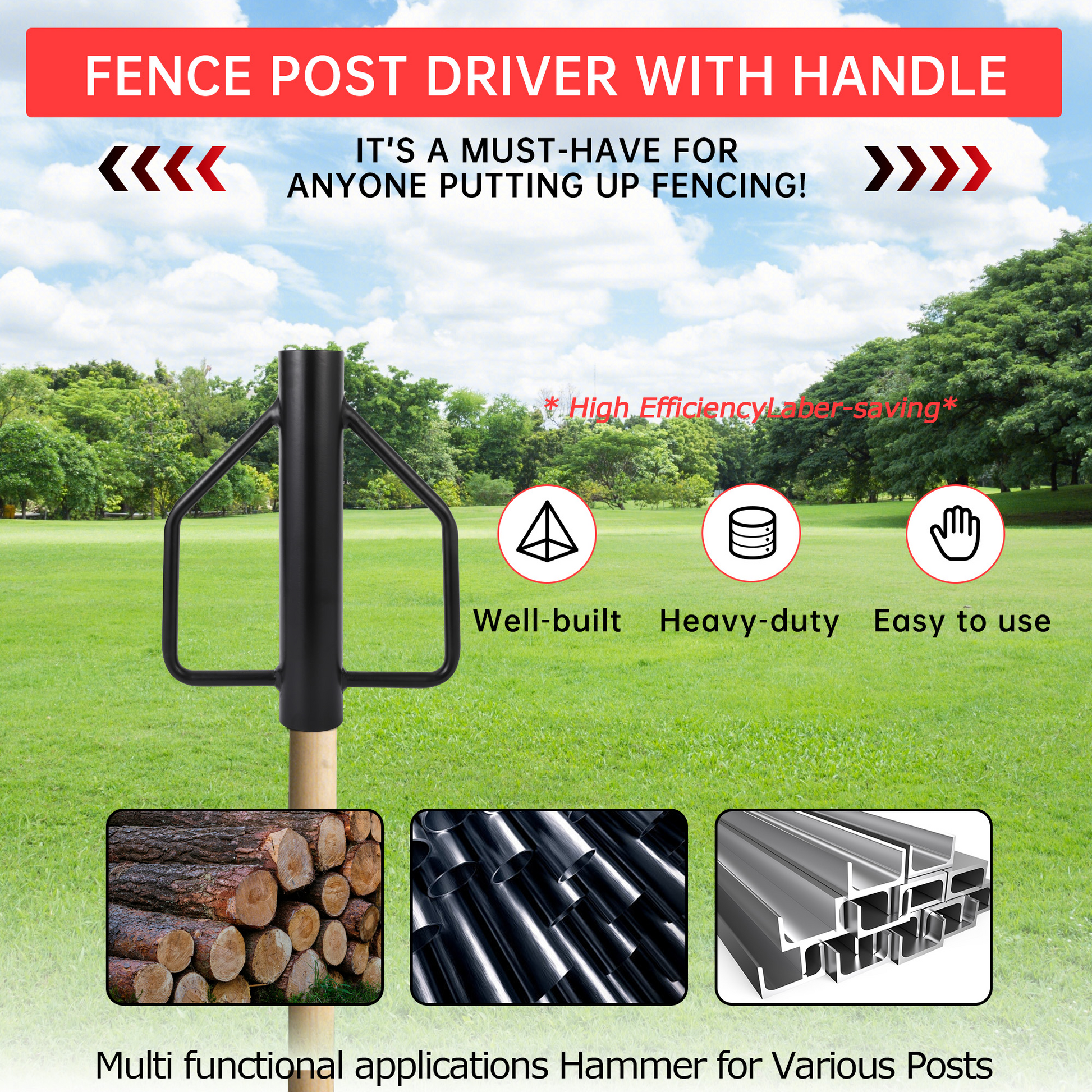 Enfonceuse de poteaux en T Garvee 12 lb, outil portatif en métal robuste avec poignée ergonomique en acier pour clôtures et panneaux de signalisation.