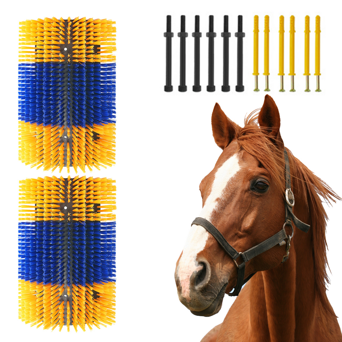 Brosse à gratter Garvee pour animaux (lot de 2) : poils en nylon, fixation flexible, extensible, idéale pour la ferme et les pâturages, polyvalente.