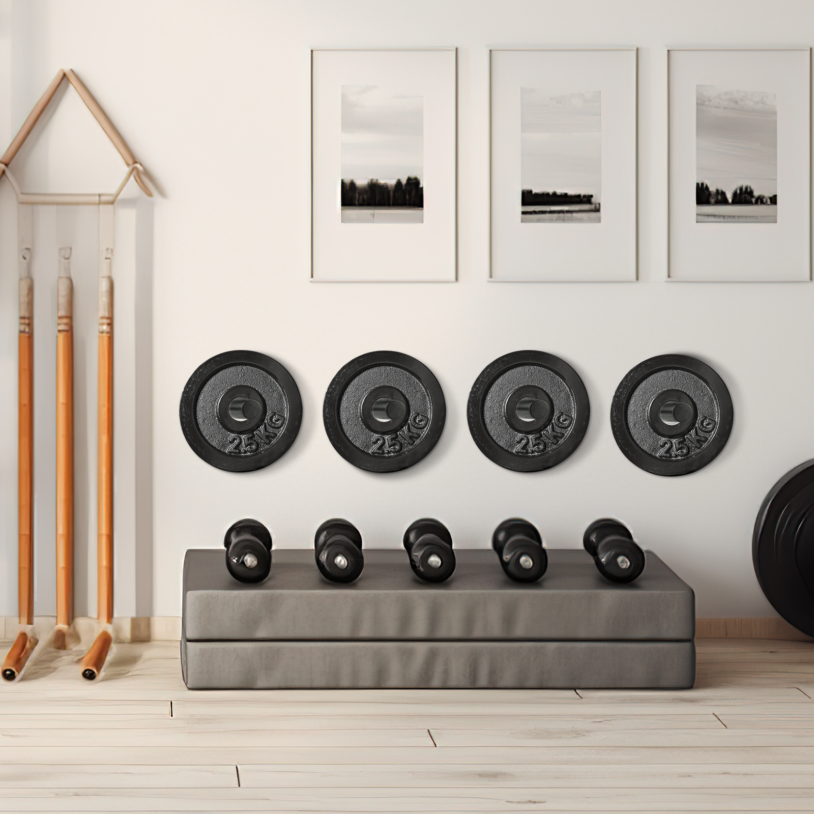 Support mural Garvee pour disques de musculation (6 pièces), en acier, capacité 136 kg, anneaux en caoutchouc, disques de 5 cm, pour salle de sport ou domicile, noir.