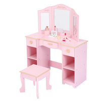 Coiffeuse Garvee pour enfants avec miroir à trois compartiments, rangement et tabouret, MDF, rose, pour filles de 3 à 9 ans, chambre et salle de jeux