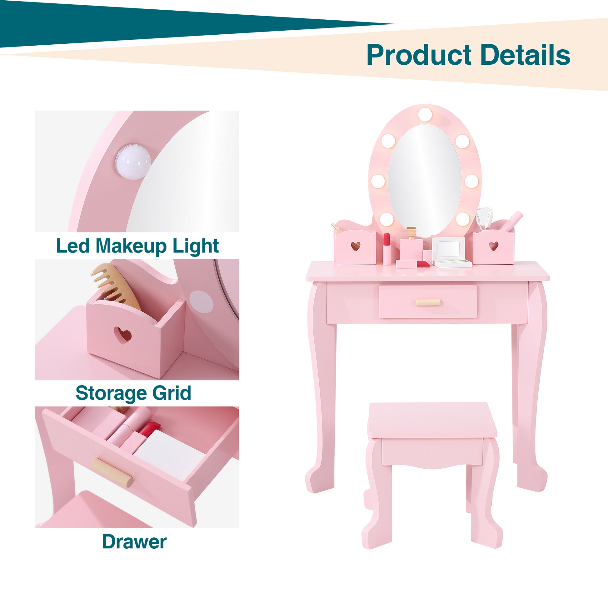 Ensemble coiffeuse Garvee pour enfants avec miroir lumineux et tabouret, en bois MDF, rose, pour filles de 4 à 9 ans, salle de jeux et chambre