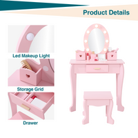 Ensemble coiffeuse Garvee pour enfants avec miroir lumineux et tabouret, en bois MDF, rose, pour filles de 4 à 9 ans, salle de jeux et chambre