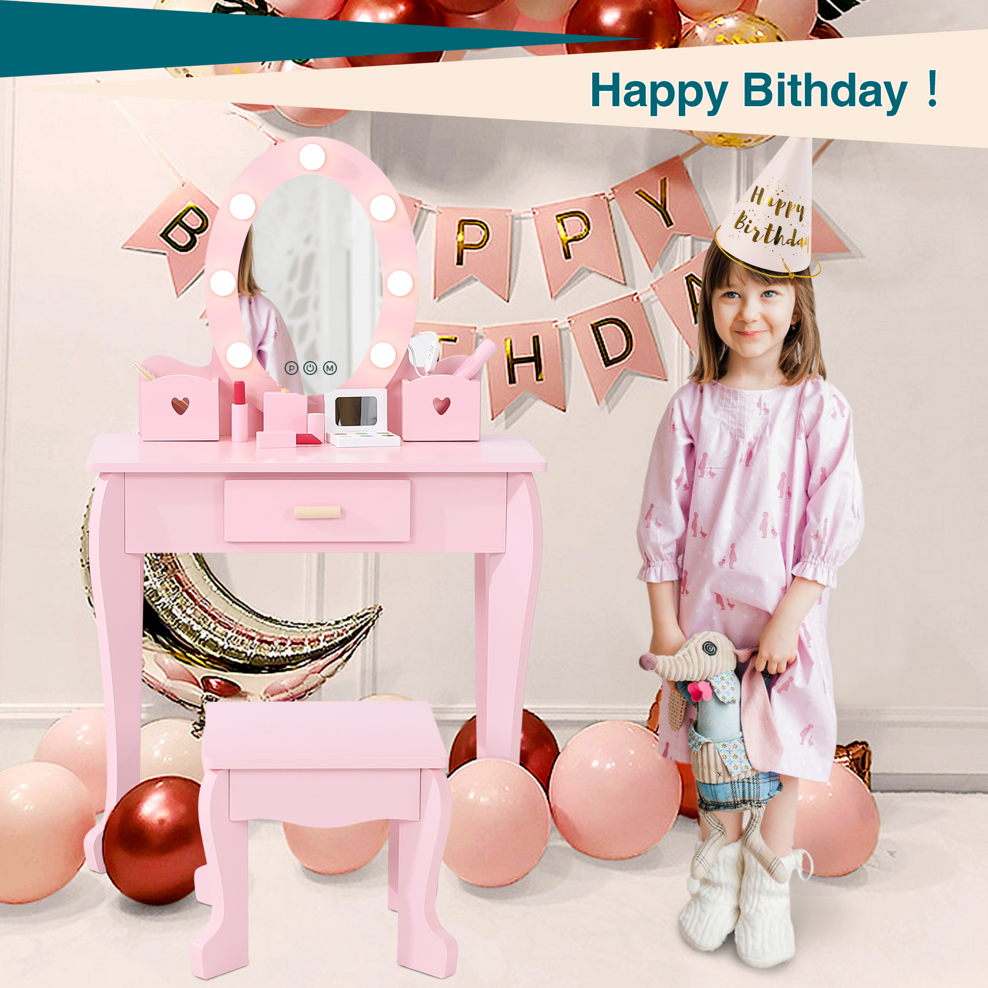 Ensemble coiffeuse Garvee pour enfants avec miroir lumineux et tabouret, en bois MDF, rose, pour filles de 4 à 9 ans, salle de jeux et chambre