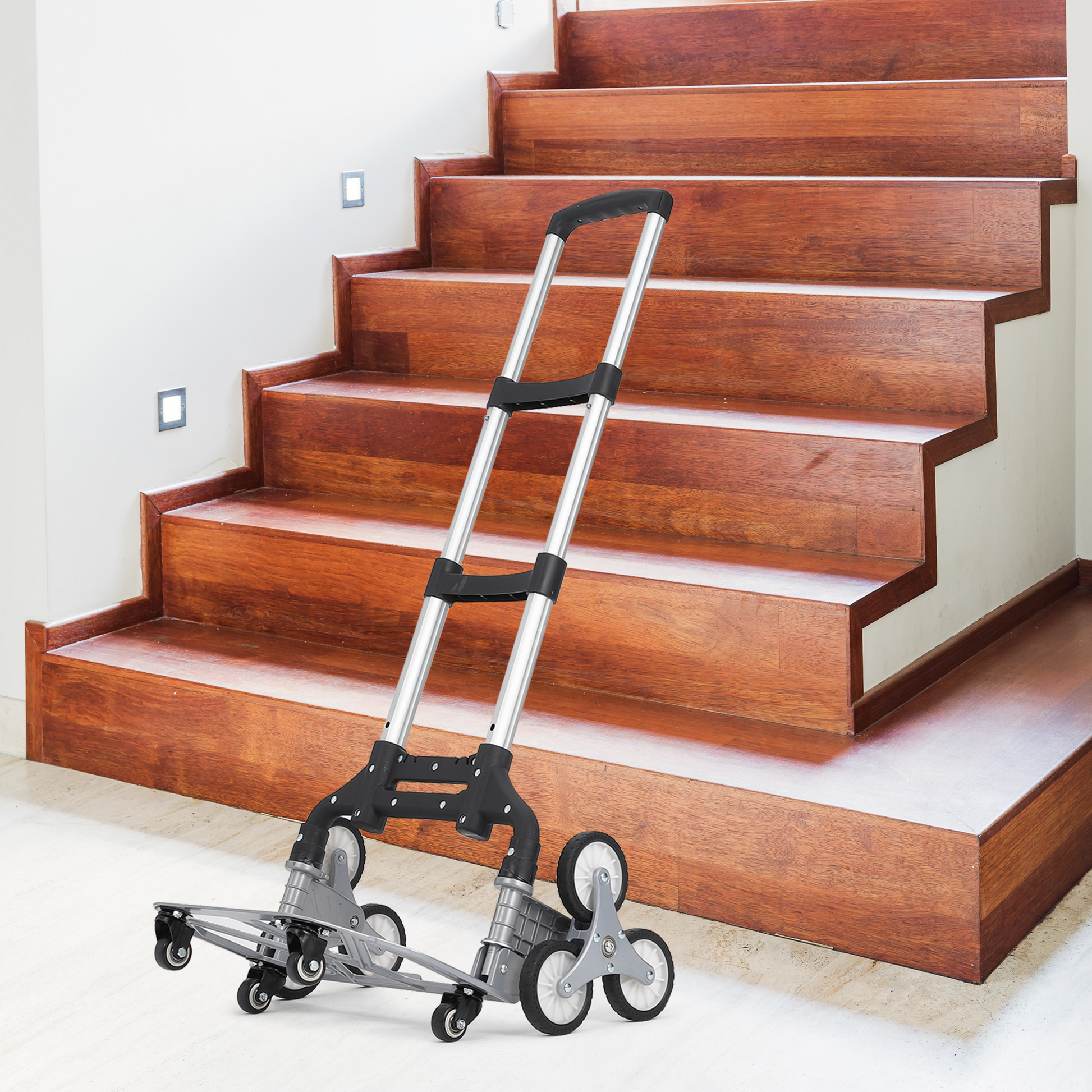 Chariot monte-escalier pliable Garvee, capacité de charge de 82 kg, roues triangulaires, aluminium, poignée télescopique, 4 roues universelles, cordes élastiques pour entrepôt et magasin.