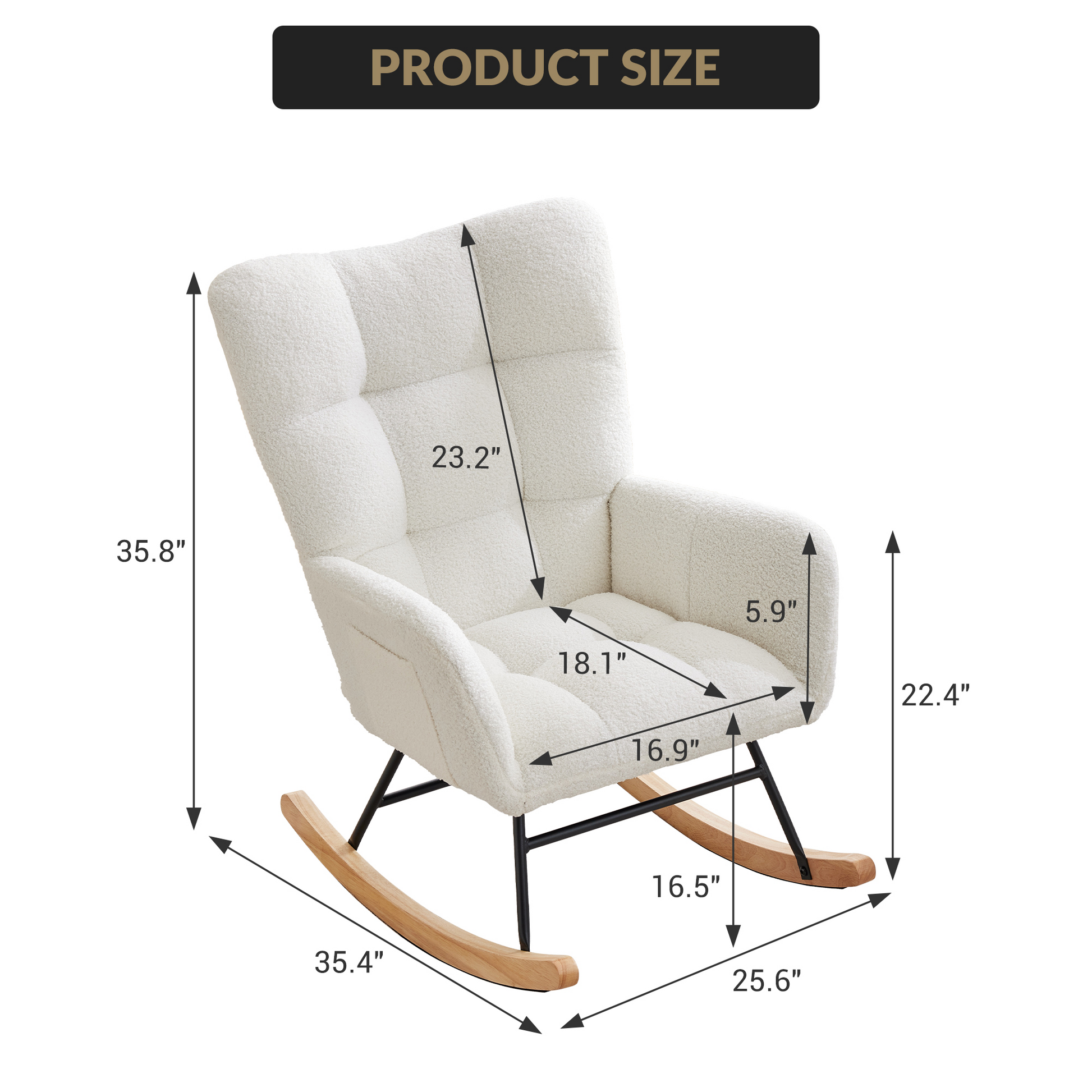 Fauteuil à bascule Garvee pour chambre d'enfant, en tissu peluche, ergonomique, stable, structure en fer, pieds en bois, beige, pour salon et chambre à coucher